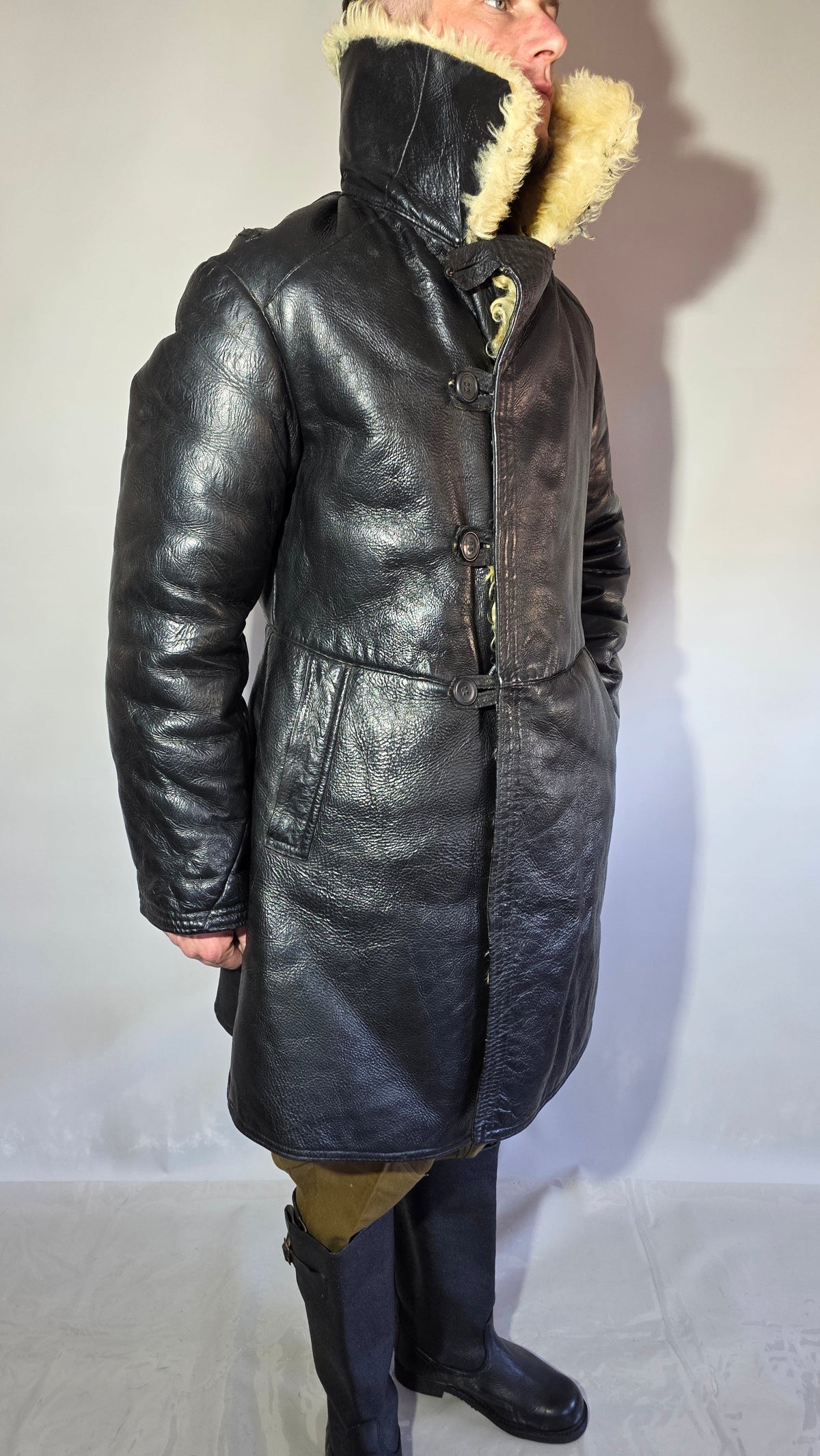 Soviet USSR VMF Bekesha Black Leather Natural Sheepskin Winter Naval Coat