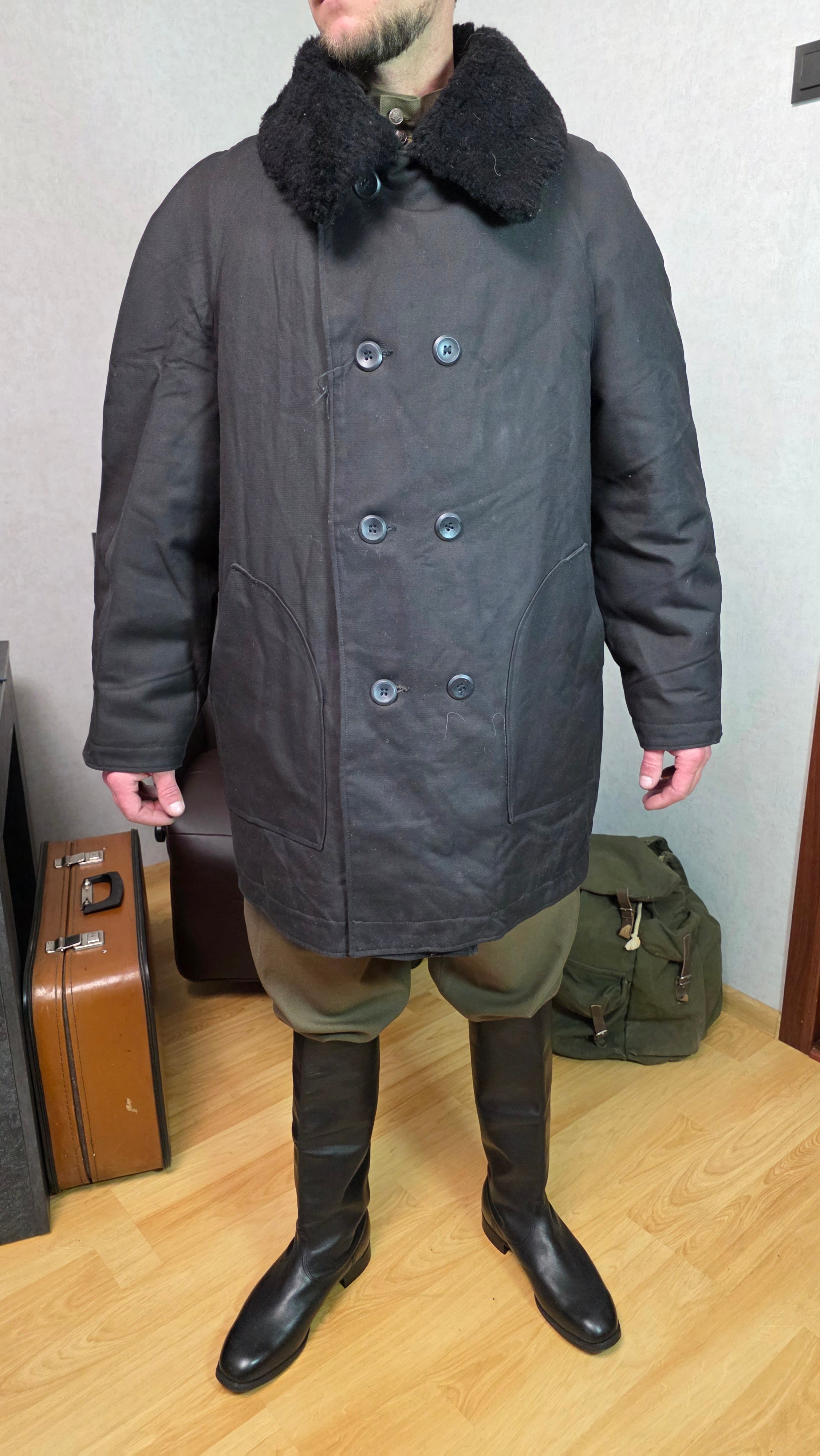 Soviet USSR Winter Technical Bushlat Jacket With White Fur Collar Vintage Coat