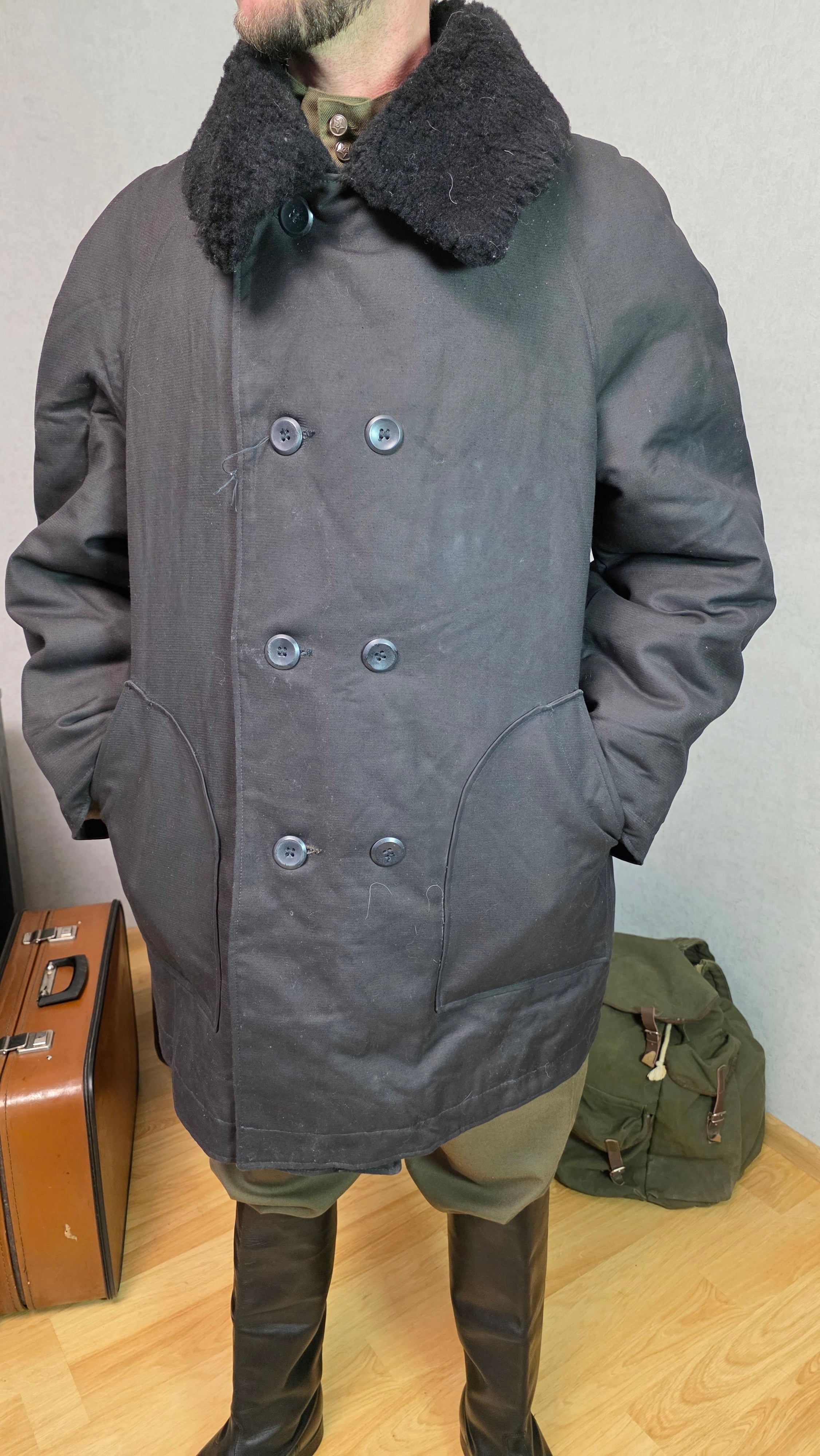 Soviet USSR Winter Technical Bushlat Jacket With White Fur Collar Vintage Coat