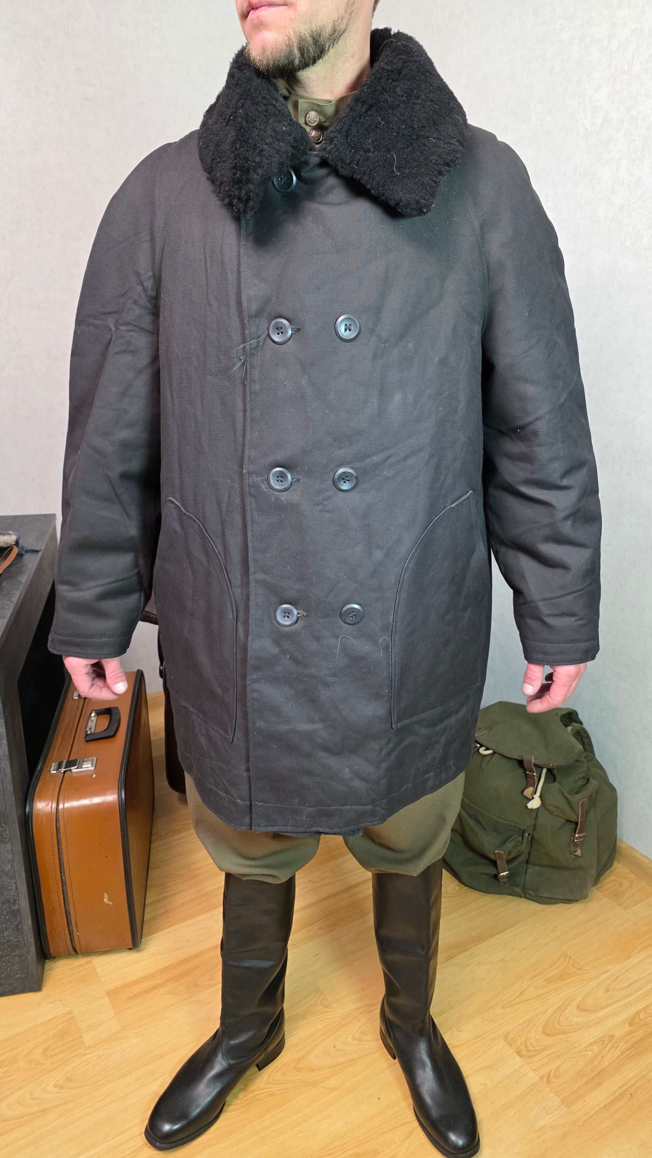 Soviet USSR Winter Technical Bushlat Jacket With White Fur Collar Vintage Coat