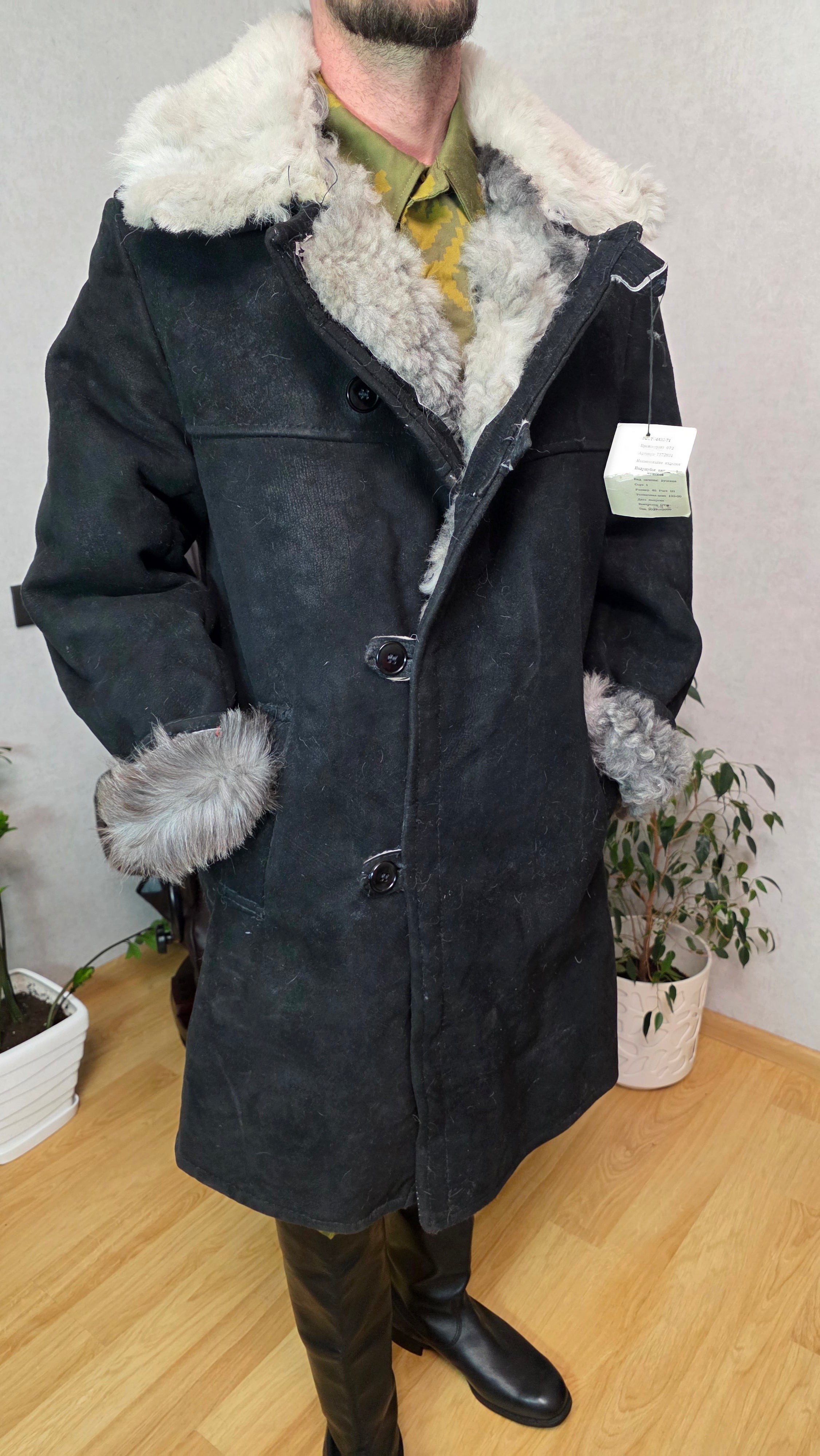 Vintage Soviet Bekesha Coat Black Sheepskin Grey Fur USSR Rare Winter Coat
