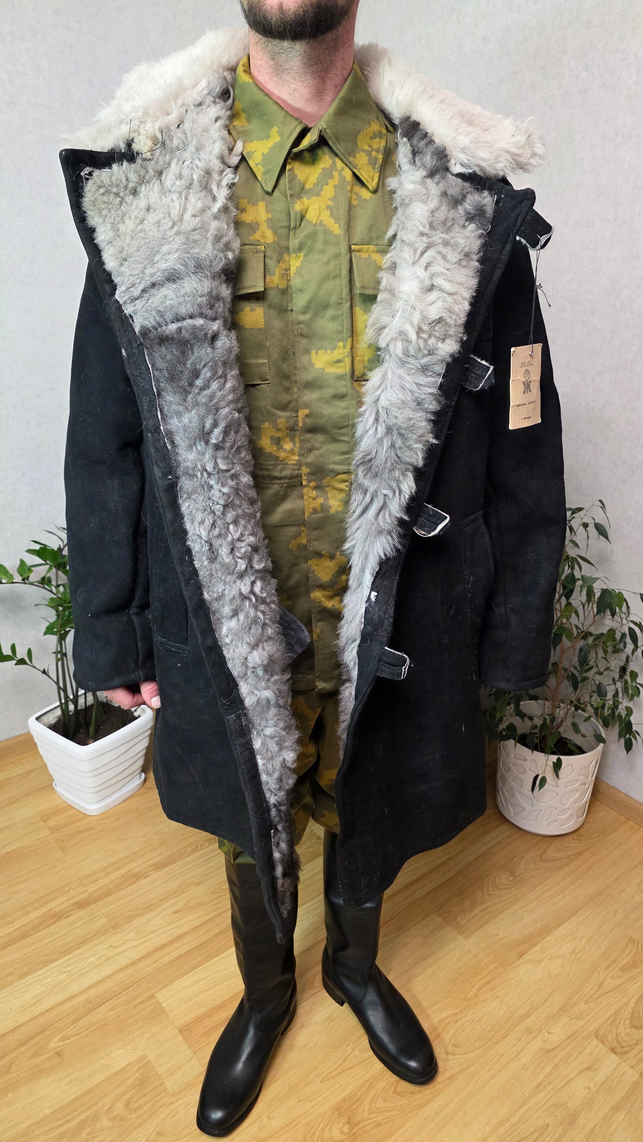 Vintage Soviet Bekesha Coat Black Sheepskin Grey Fur USSR Rare Winter Coat
