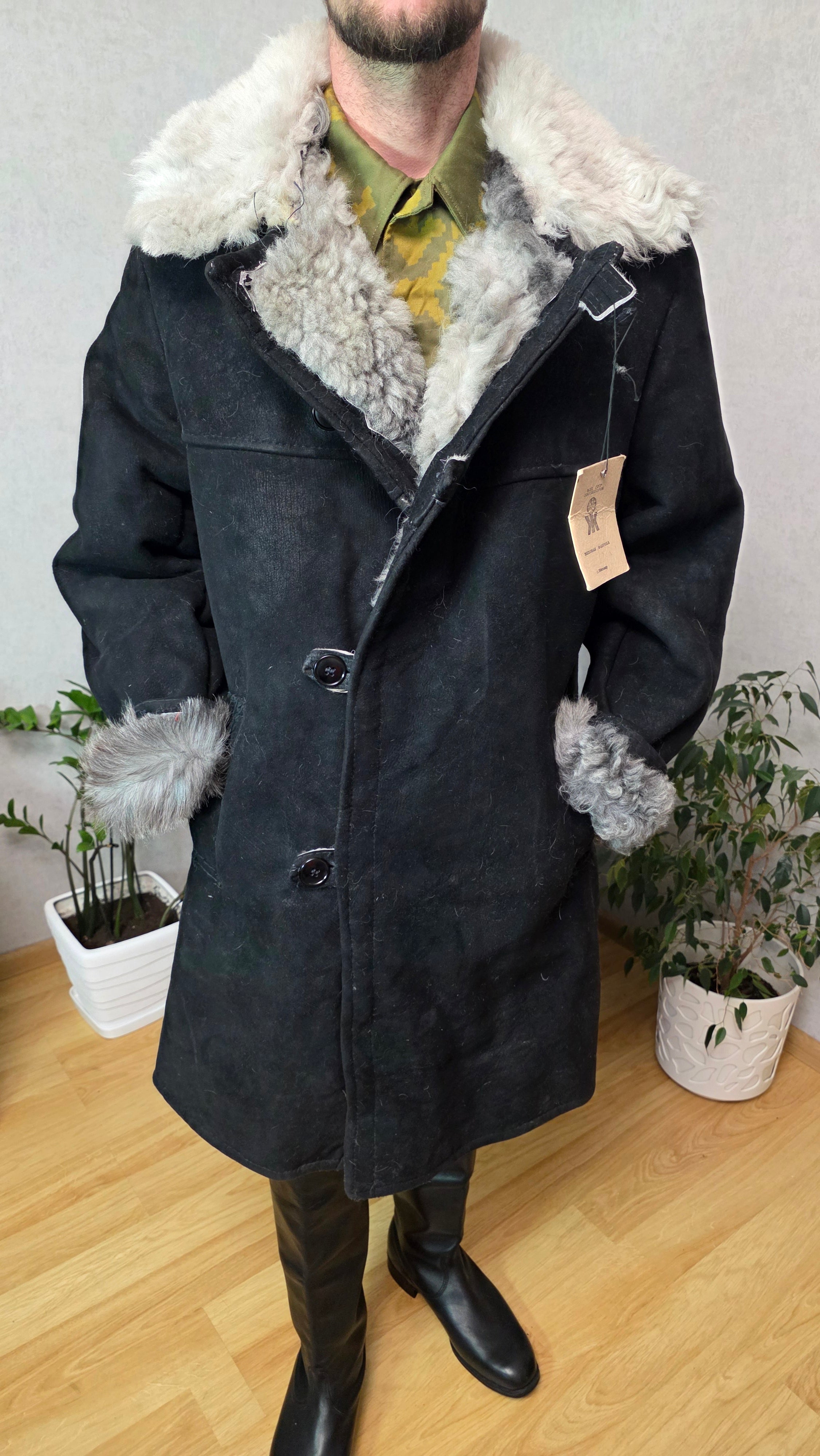 Vintage Soviet Bekesha Coat Black Sheepskin Grey Fur USSR Rare Winter Coat