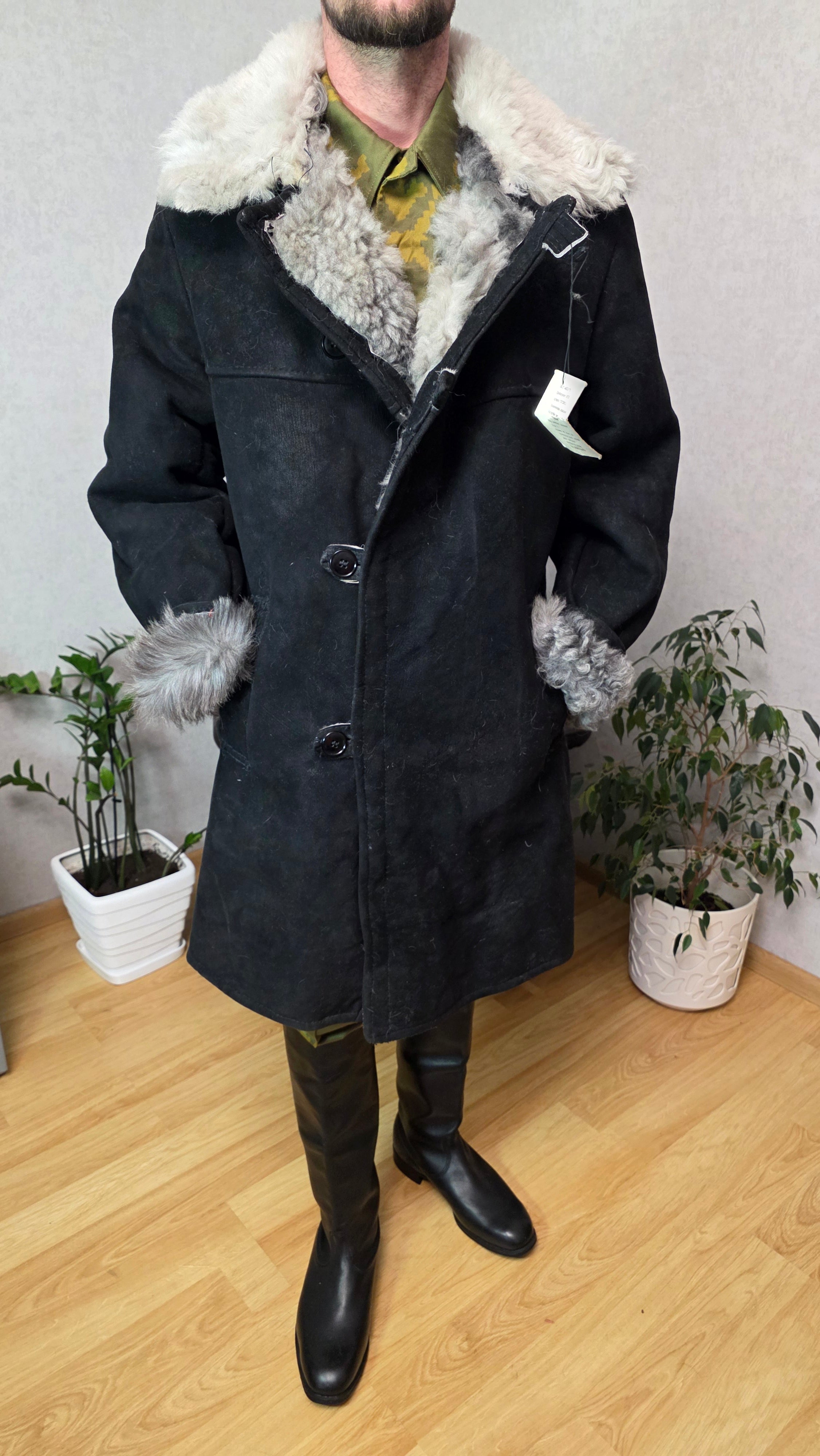 Vintage Soviet Bekesha Coat Black Sheepskin Grey Fur USSR Rare Winter Coat