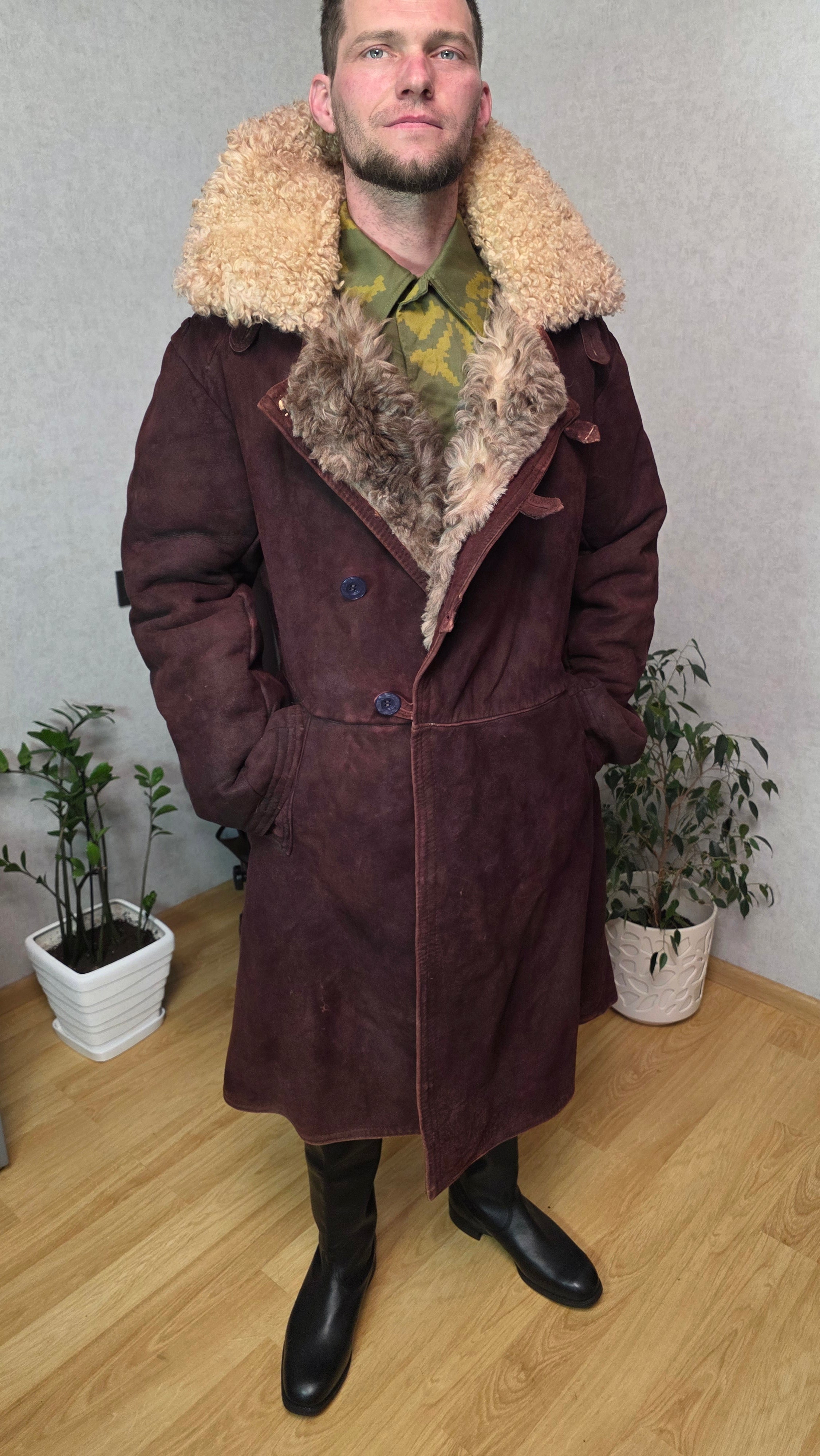 Vintage Soviet Bekesha Coat Burgundy Brown Sheepskin USSR Rare Winter Coat