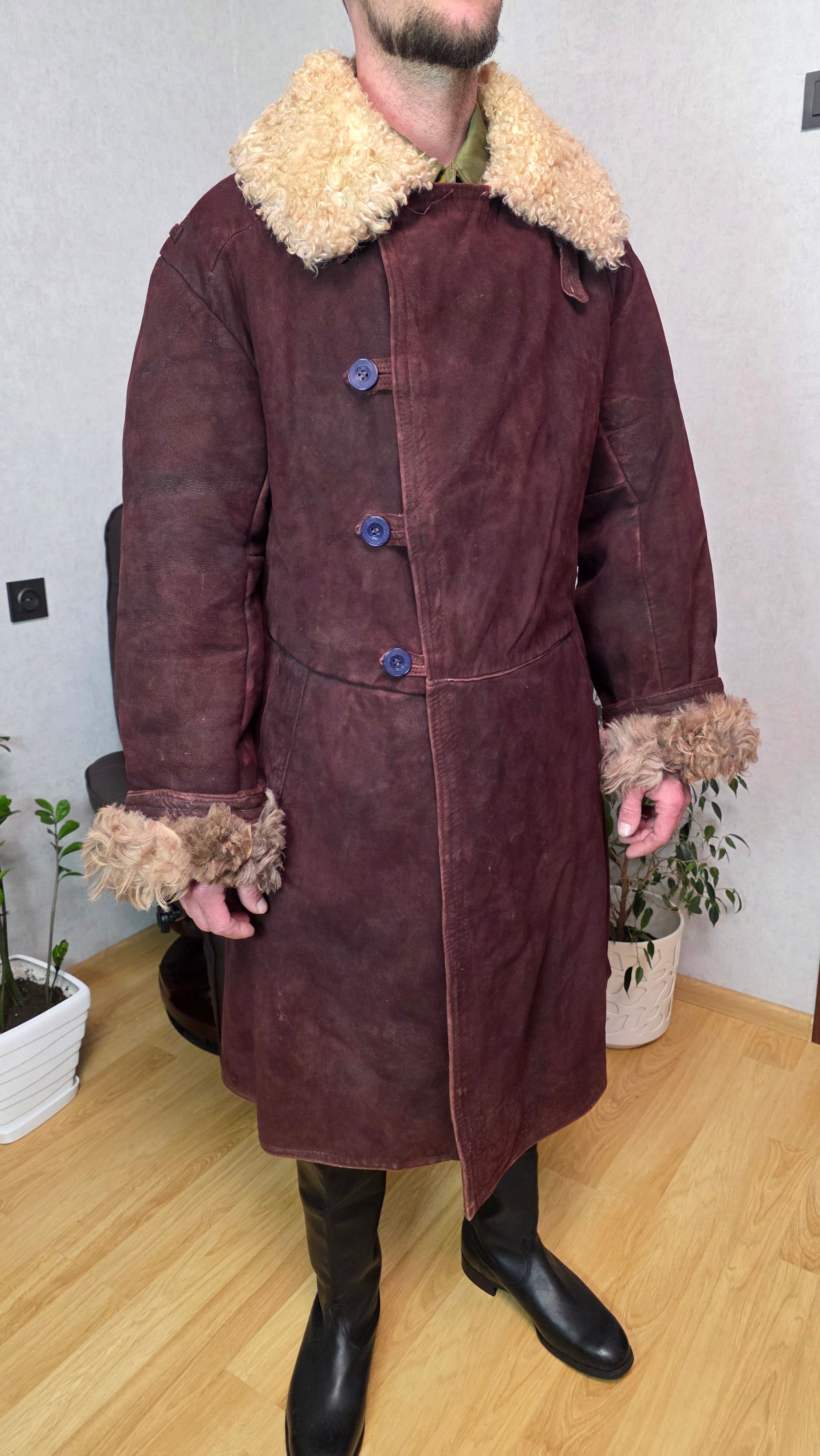 Vintage Soviet Bekesha Coat Burgundy Brown Sheepskin USSR Rare Winter Coat