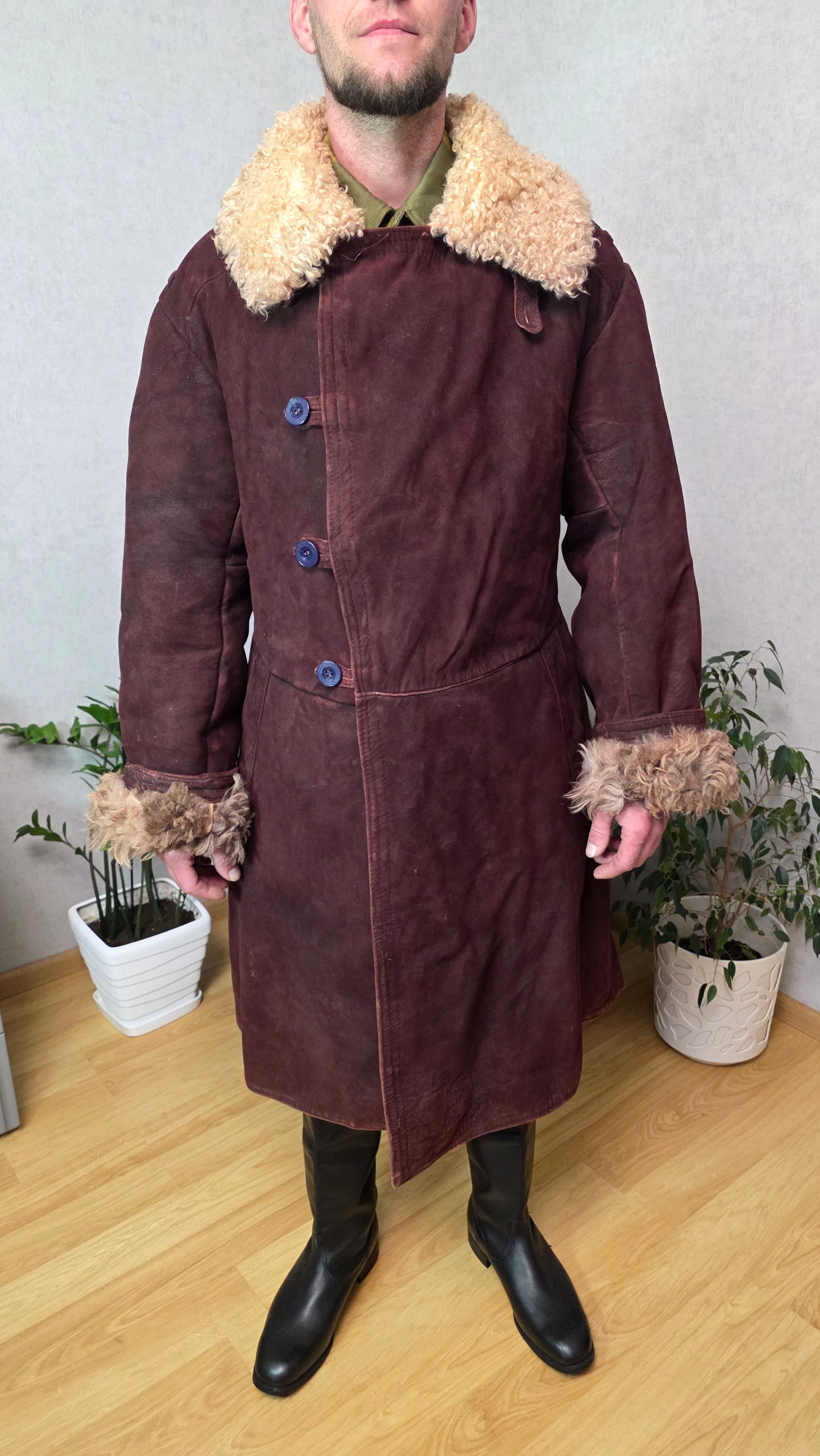 Vintage Soviet Bekesha Coat Burgundy Brown Sheepskin USSR Rare Winter Coat