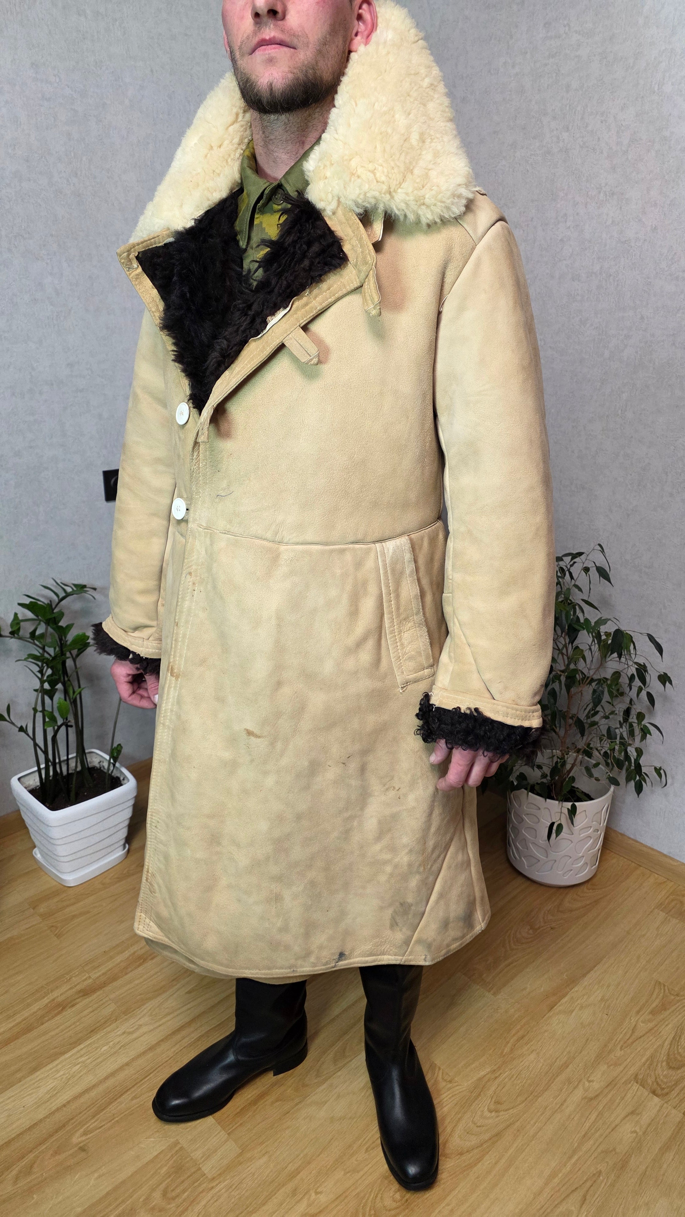 Vintage Soviet Bekesha Sheepskin Coat Beige Leather Black Fur USSR Winter Coat