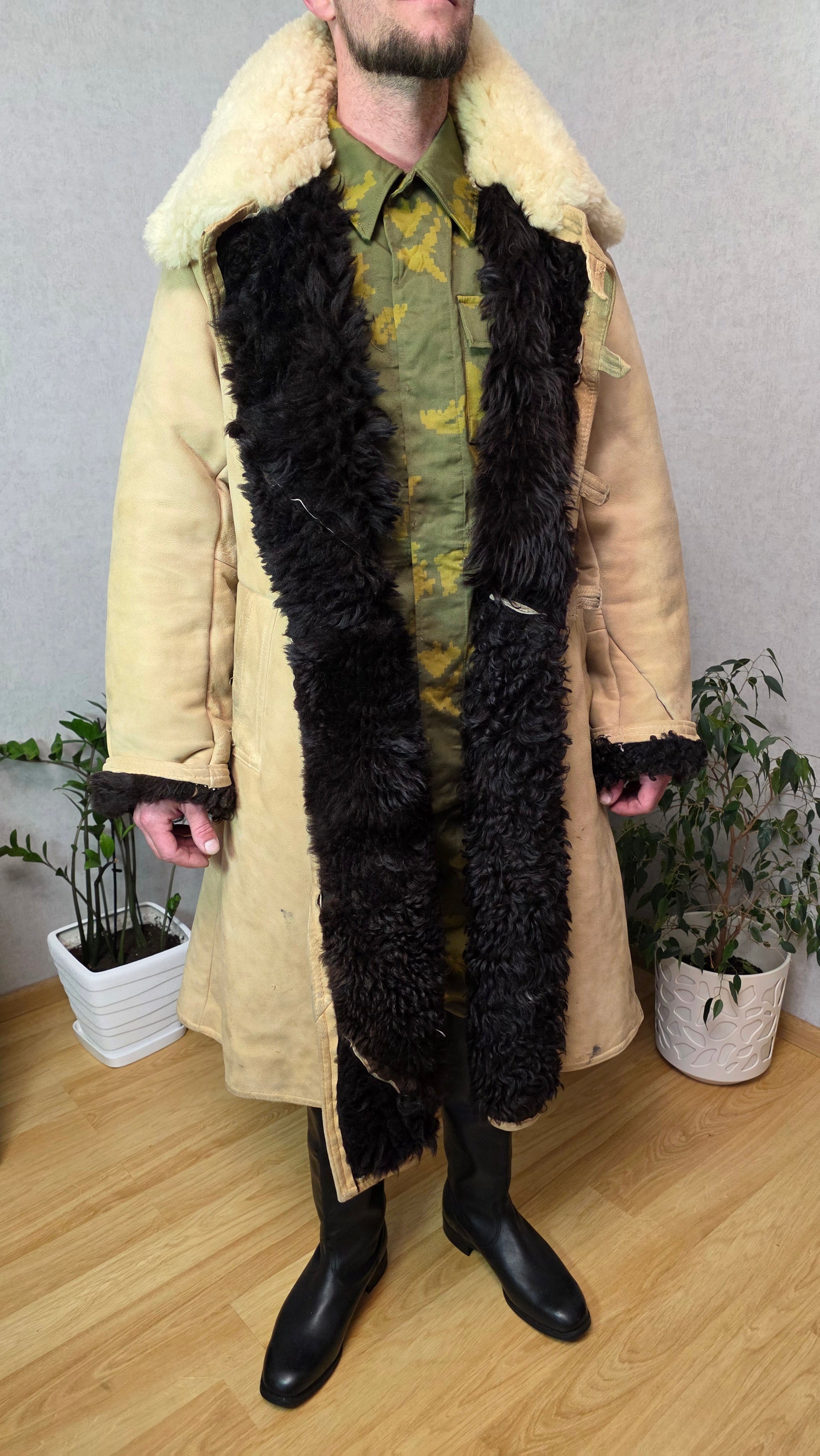 Vintage Soviet Bekesha Sheepskin Coat Beige Leather Black Fur USSR Winter Coat