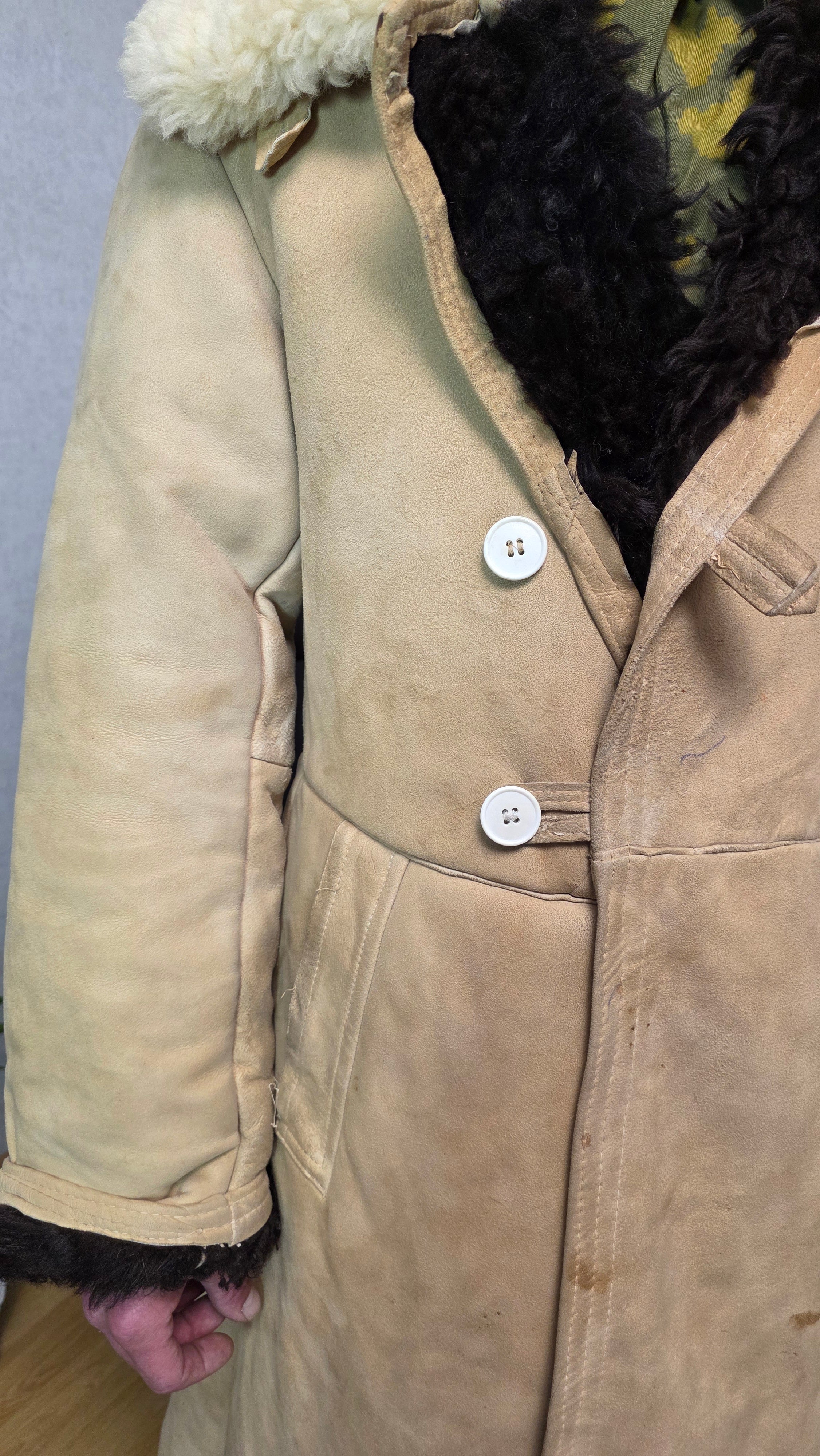 Vintage Soviet Bekesha Sheepskin Coat Beige Leather Black Fur USSR Winter Coat