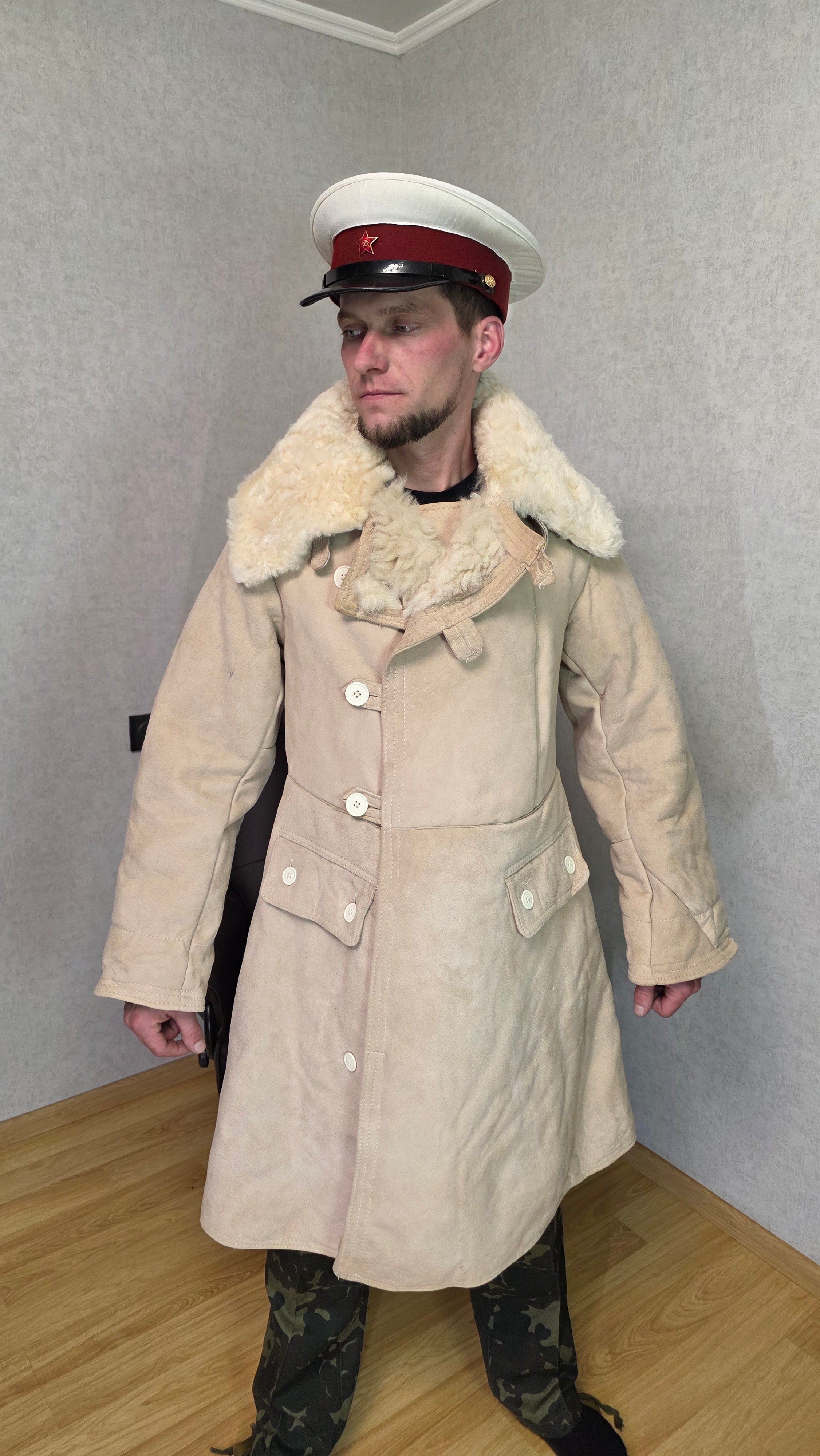 Vintage Soviet Bekesha Sheepskin Tulup USSR Winter Officer Coat