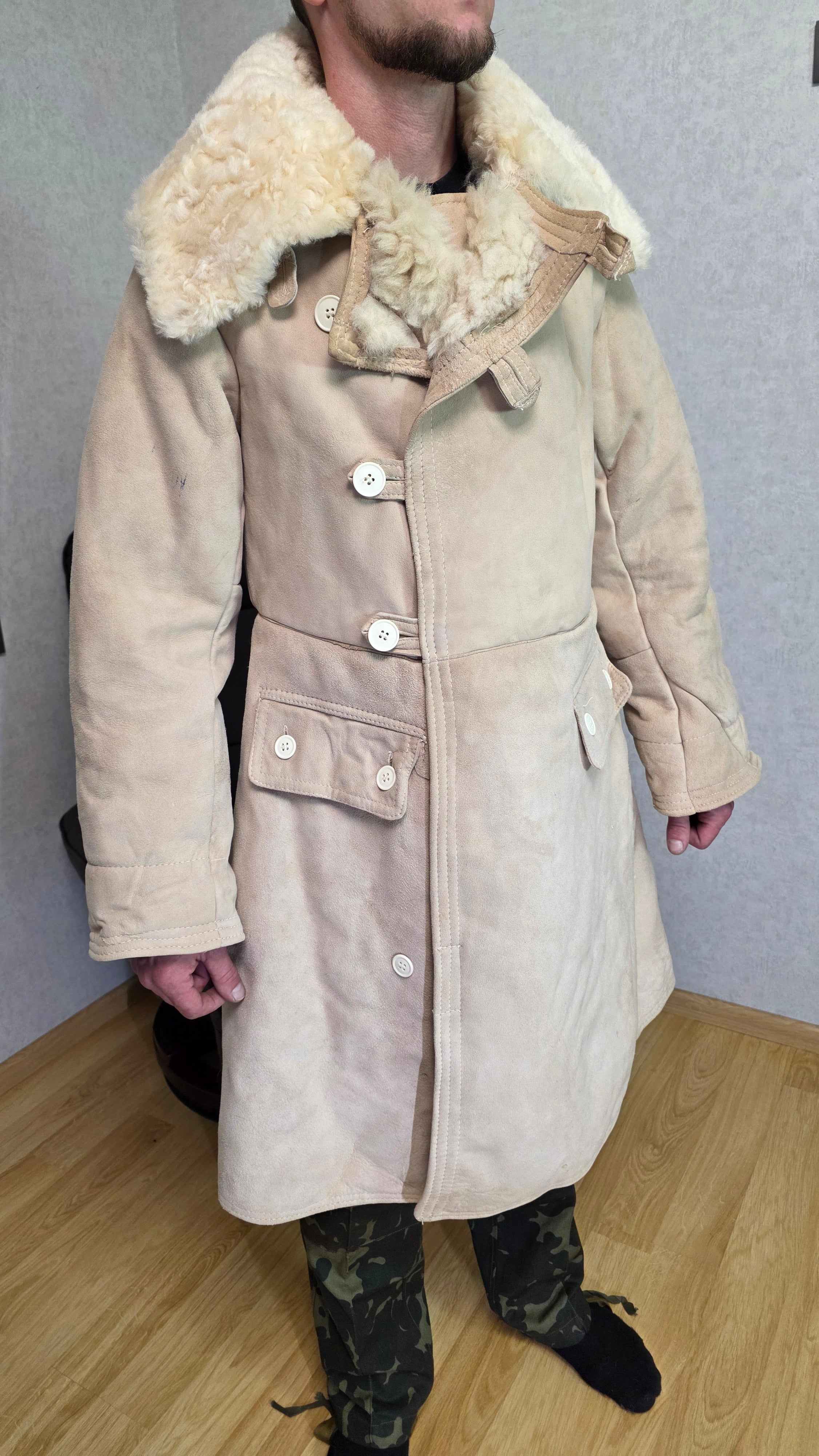 Vintage Soviet Bekesha Sheepskin Tulup USSR Winter Officer Coat
