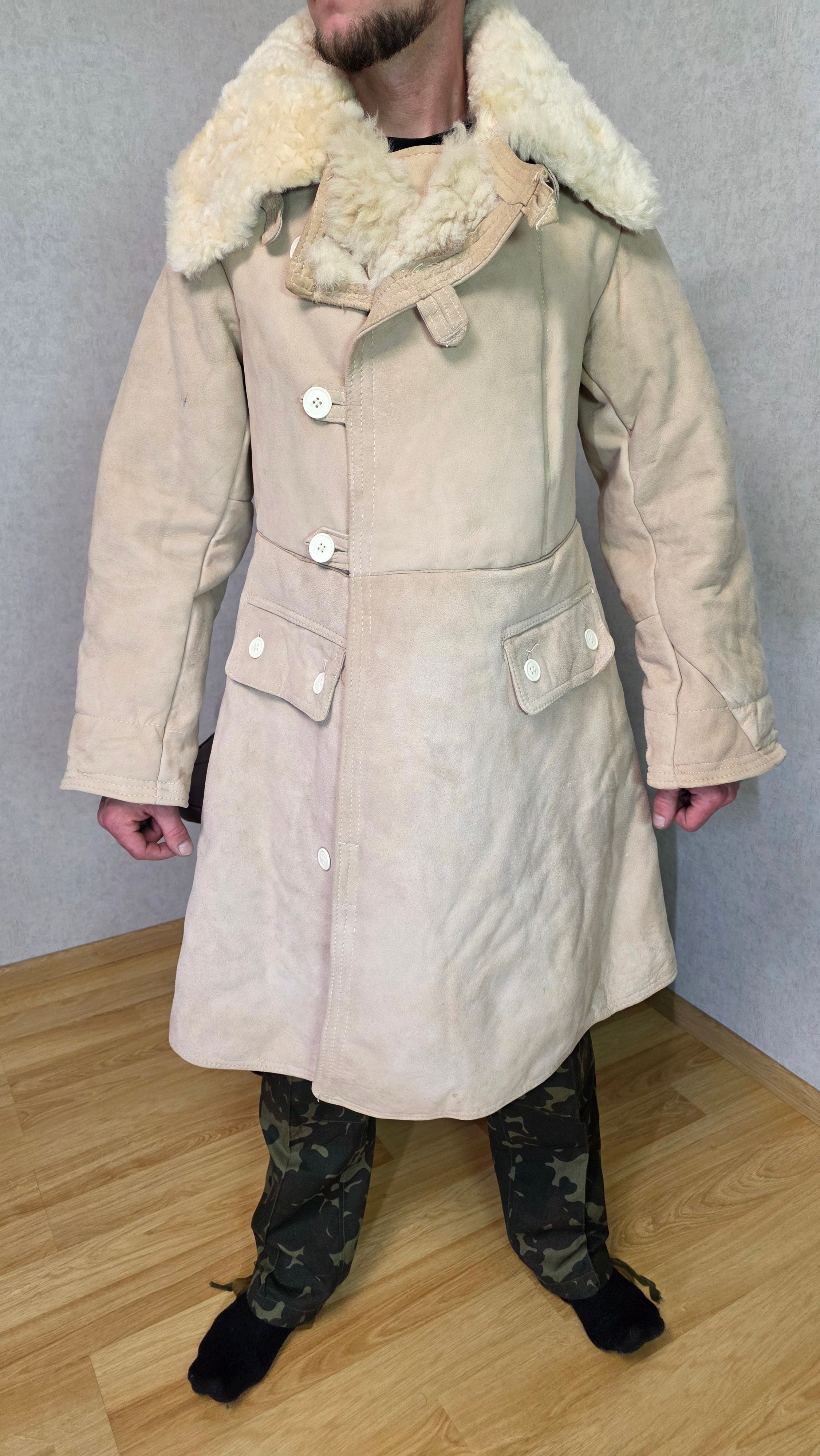 Vintage Soviet Bekesha Sheepskin Tulup USSR Winter Officer Coat