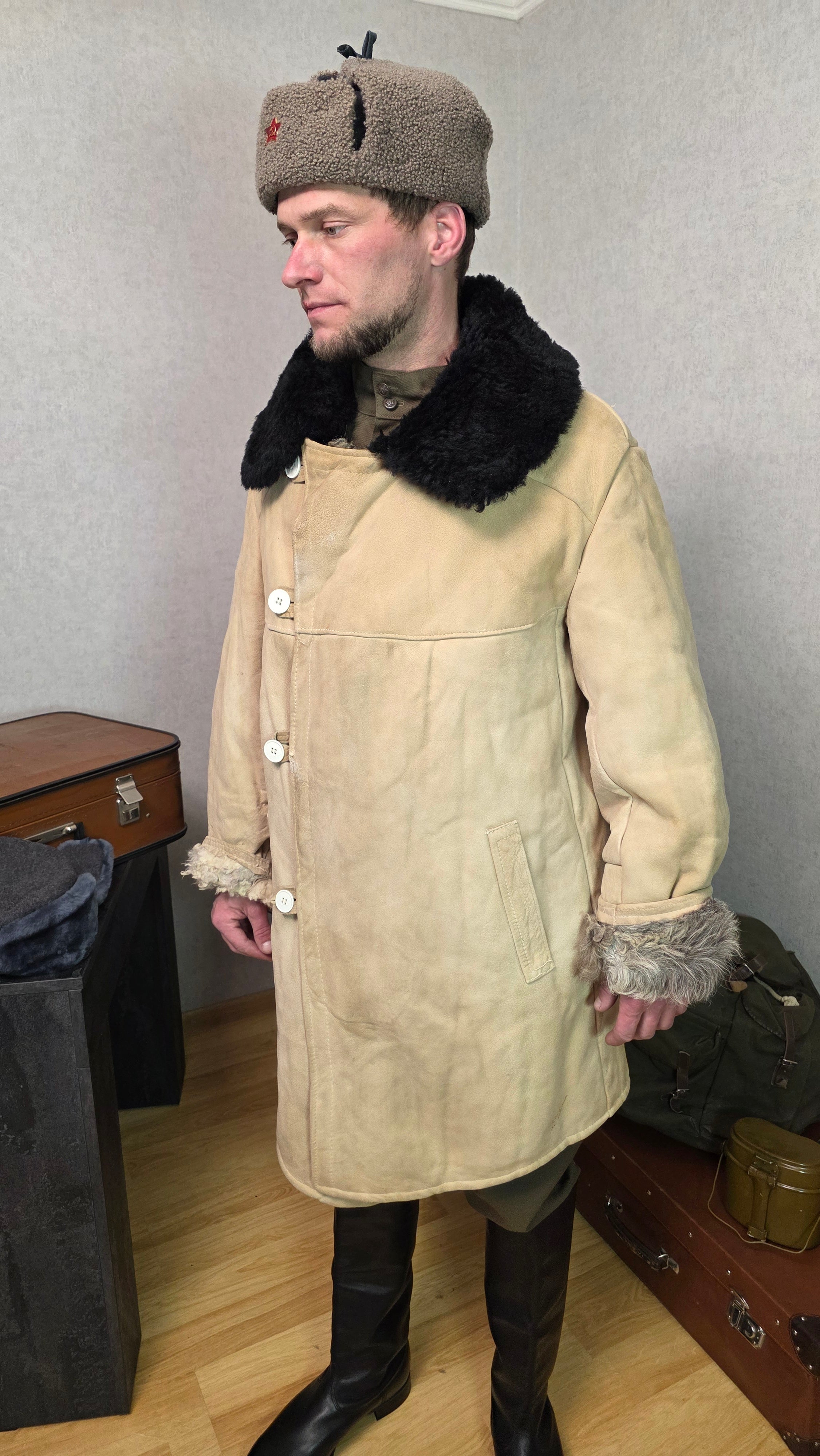 Vintage Soviet Bekesha Sheepskin Winter Coat USSR Officer Cold Weather Tulup