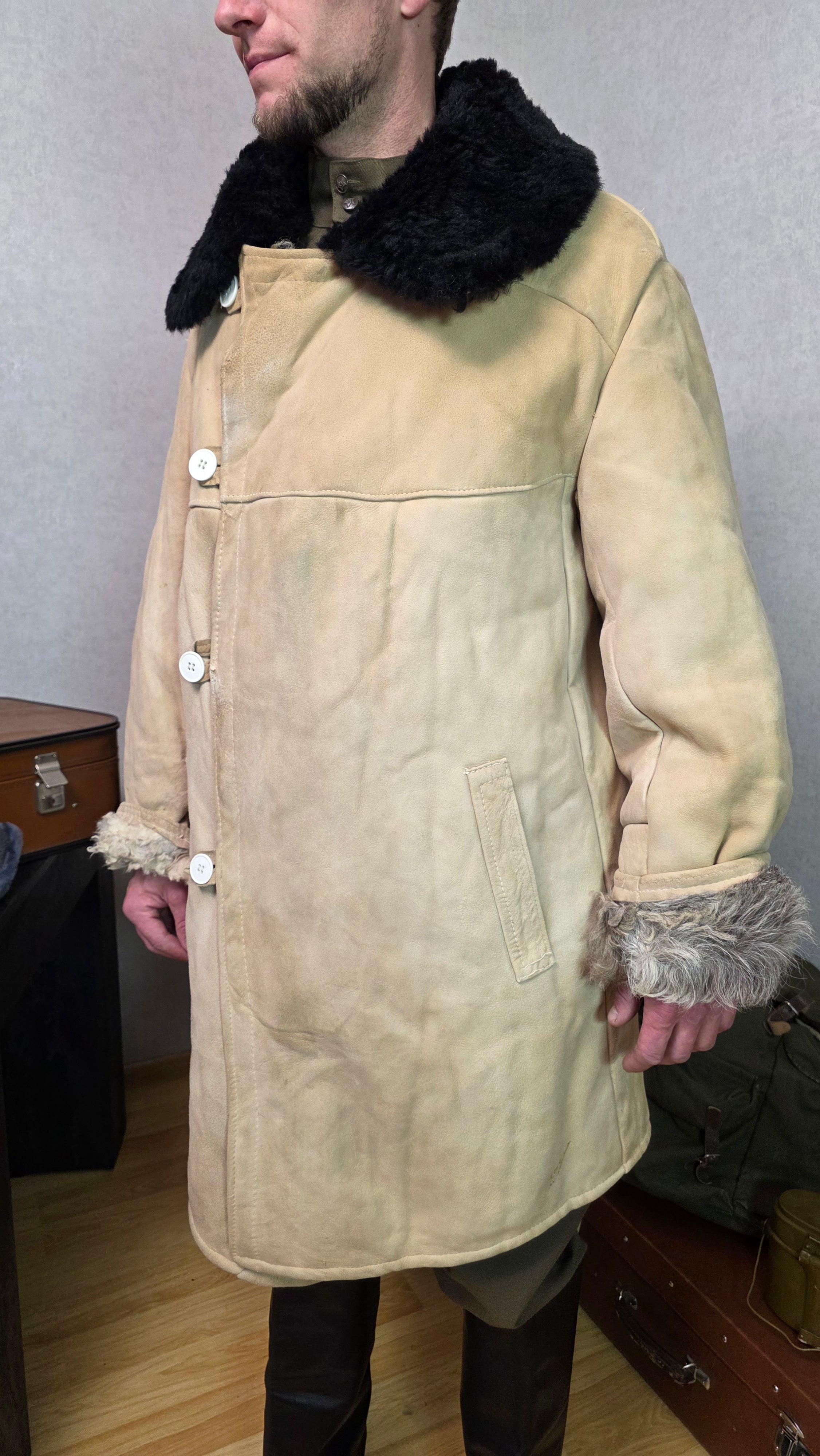 Vintage Soviet Bekesha Sheepskin Winter Coat USSR Officer Cold Weather Tulup