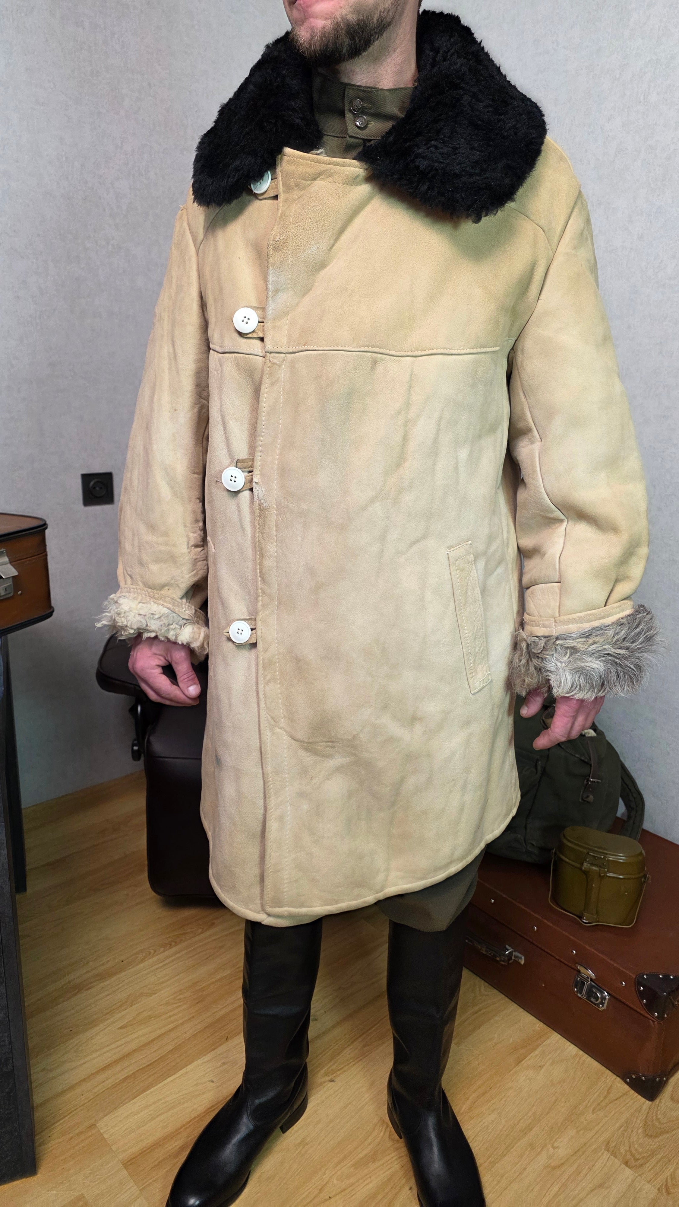 Vintage Soviet Bekesha Sheepskin Winter Coat USSR Officer Cold Weather Tulup