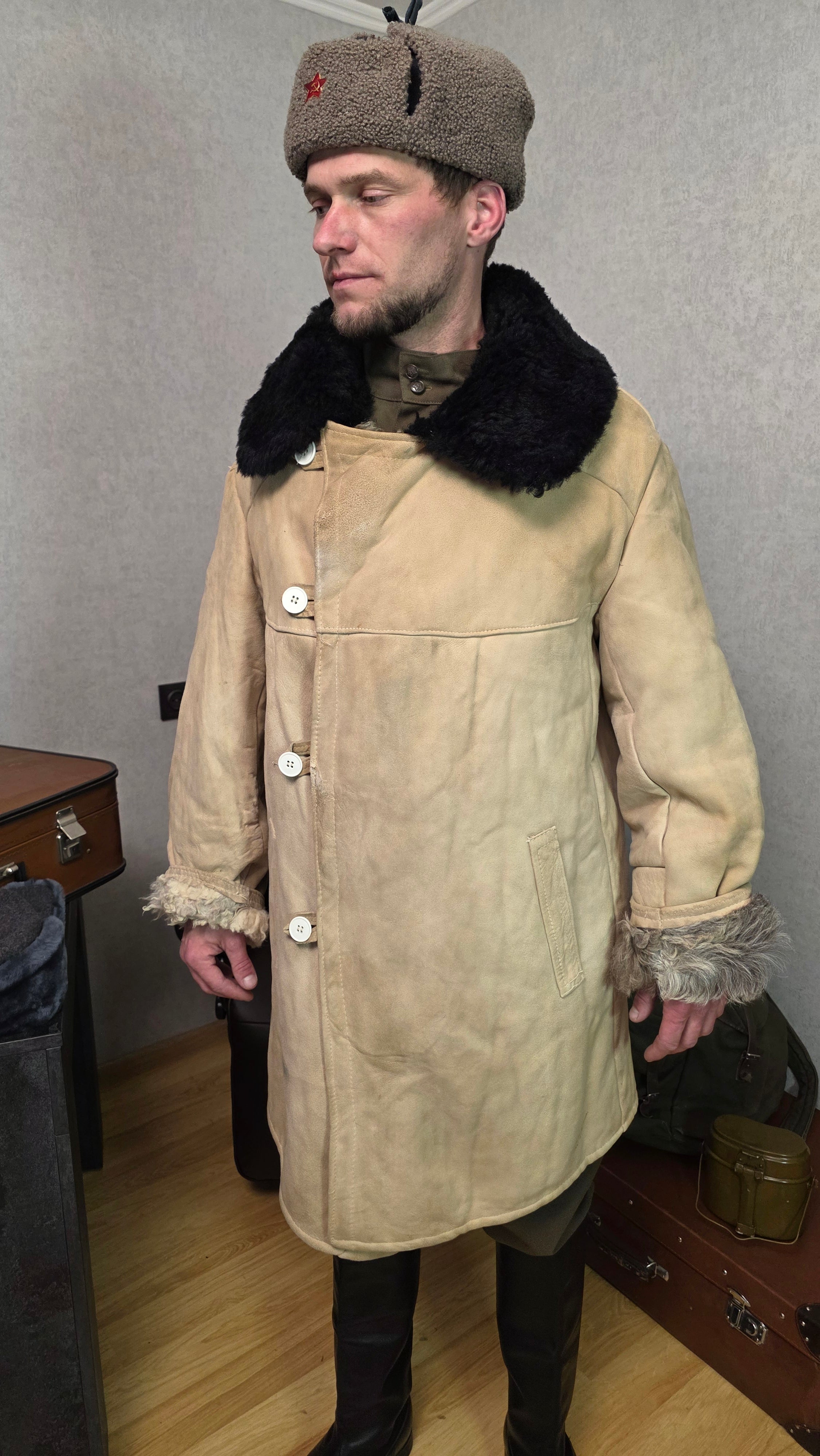 Vintage Soviet Bekesha Sheepskin Winter Coat USSR Officer Cold Weather Tulup