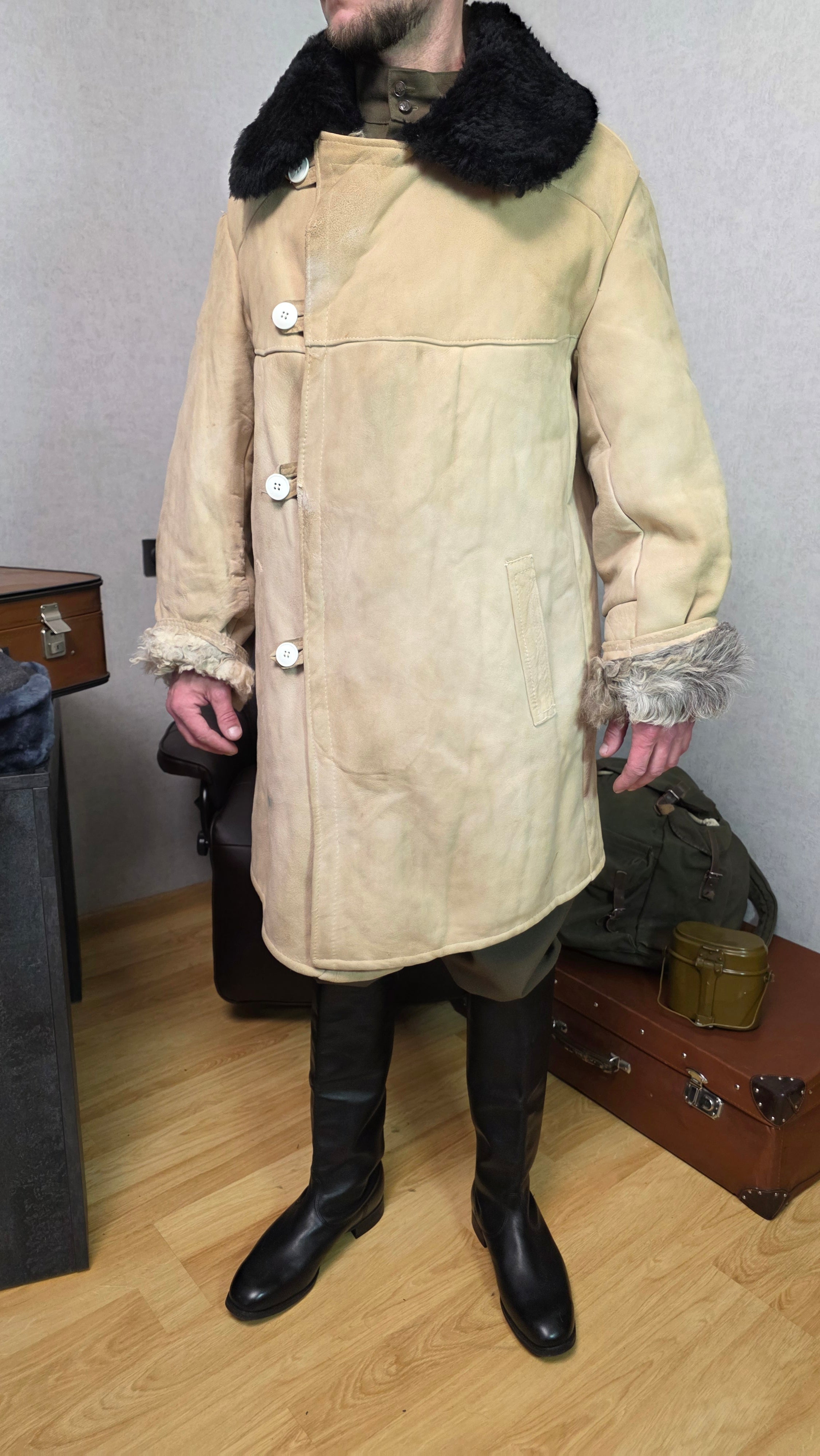 Vintage Soviet Bekesha Sheepskin Winter Coat USSR Officer Cold Weather Tulup