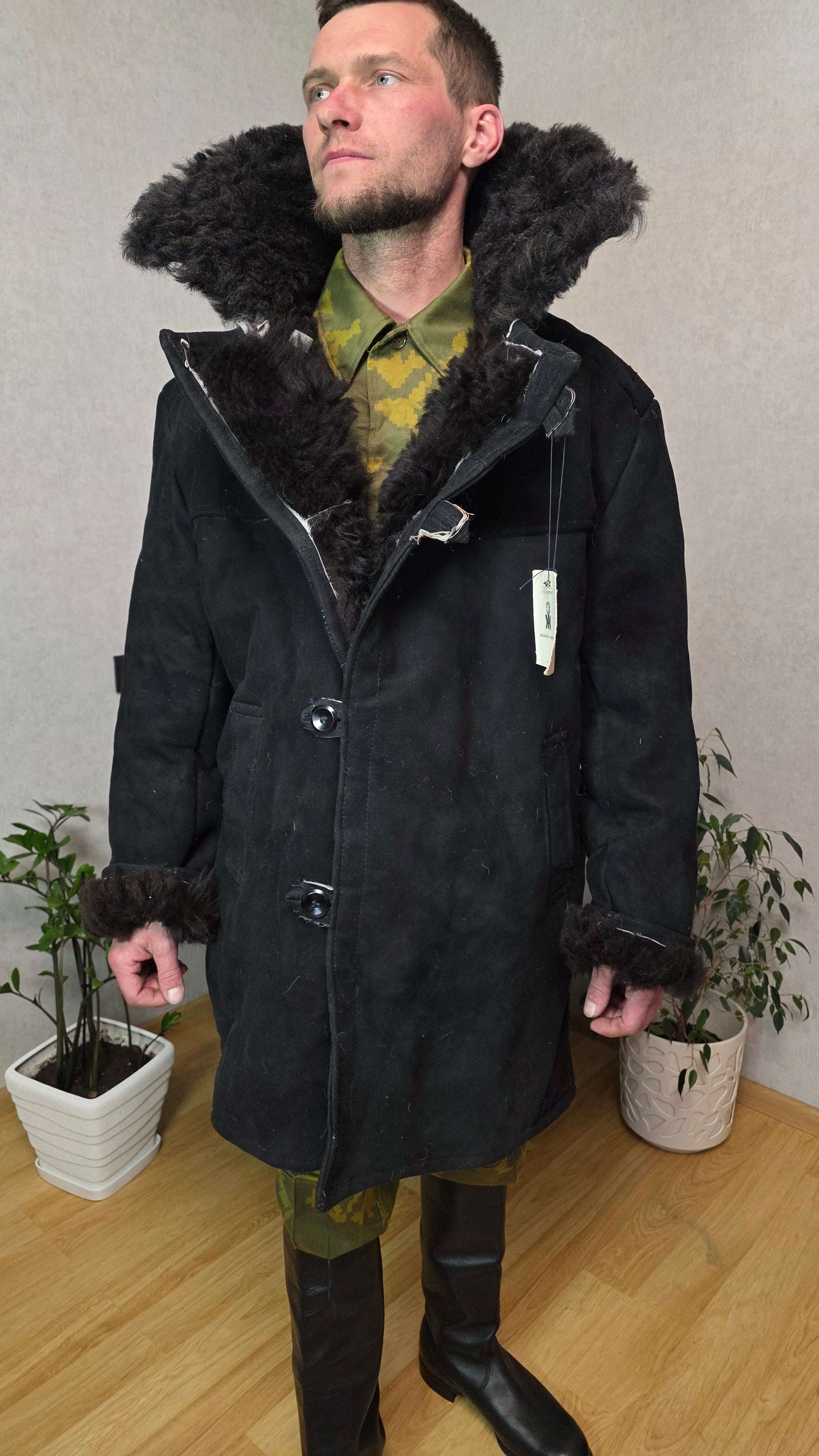 Vintage Soviet Black Bekesha Coat USSR Sheepskin Winter Outerwear
