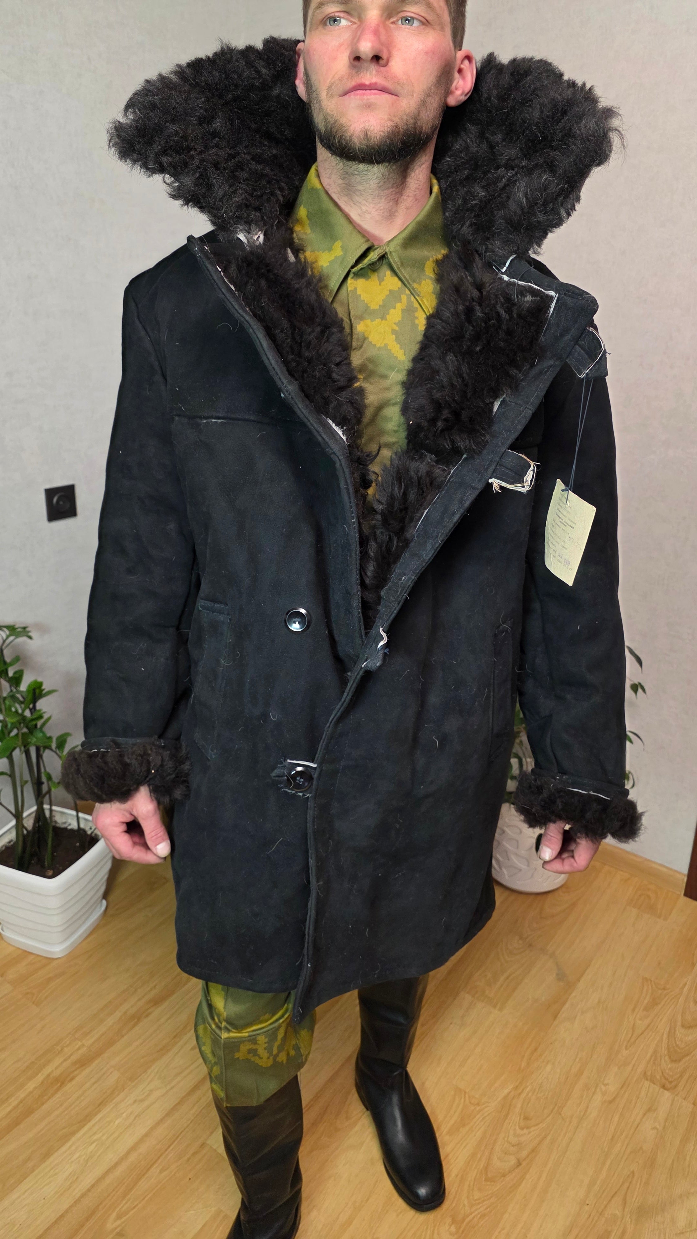 Vintage Soviet Black Bekesha Coat USSR Sheepskin Winter Outerwear