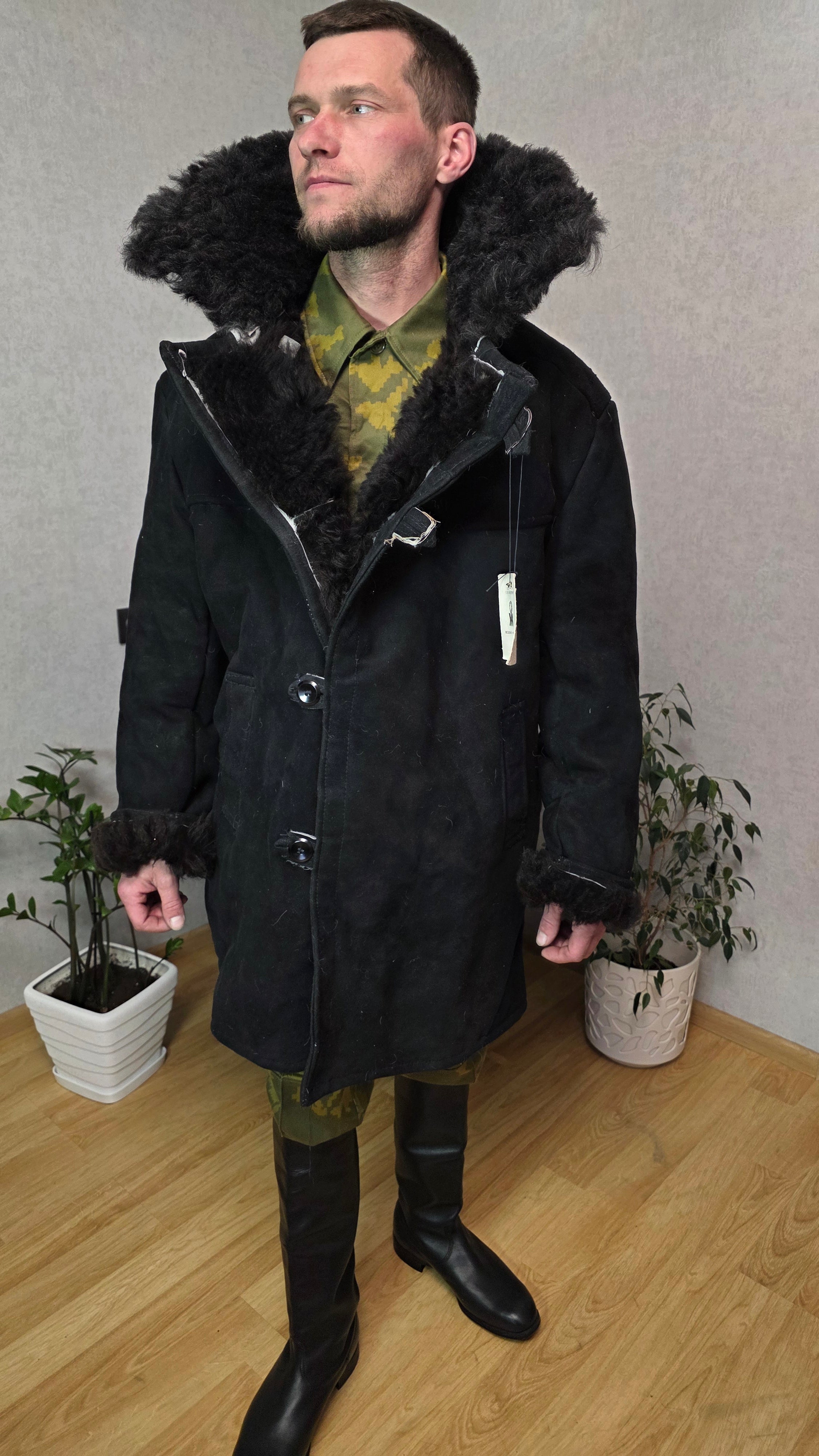 Vintage Soviet Black Bekesha Coat USSR Sheepskin Winter Outerwear
