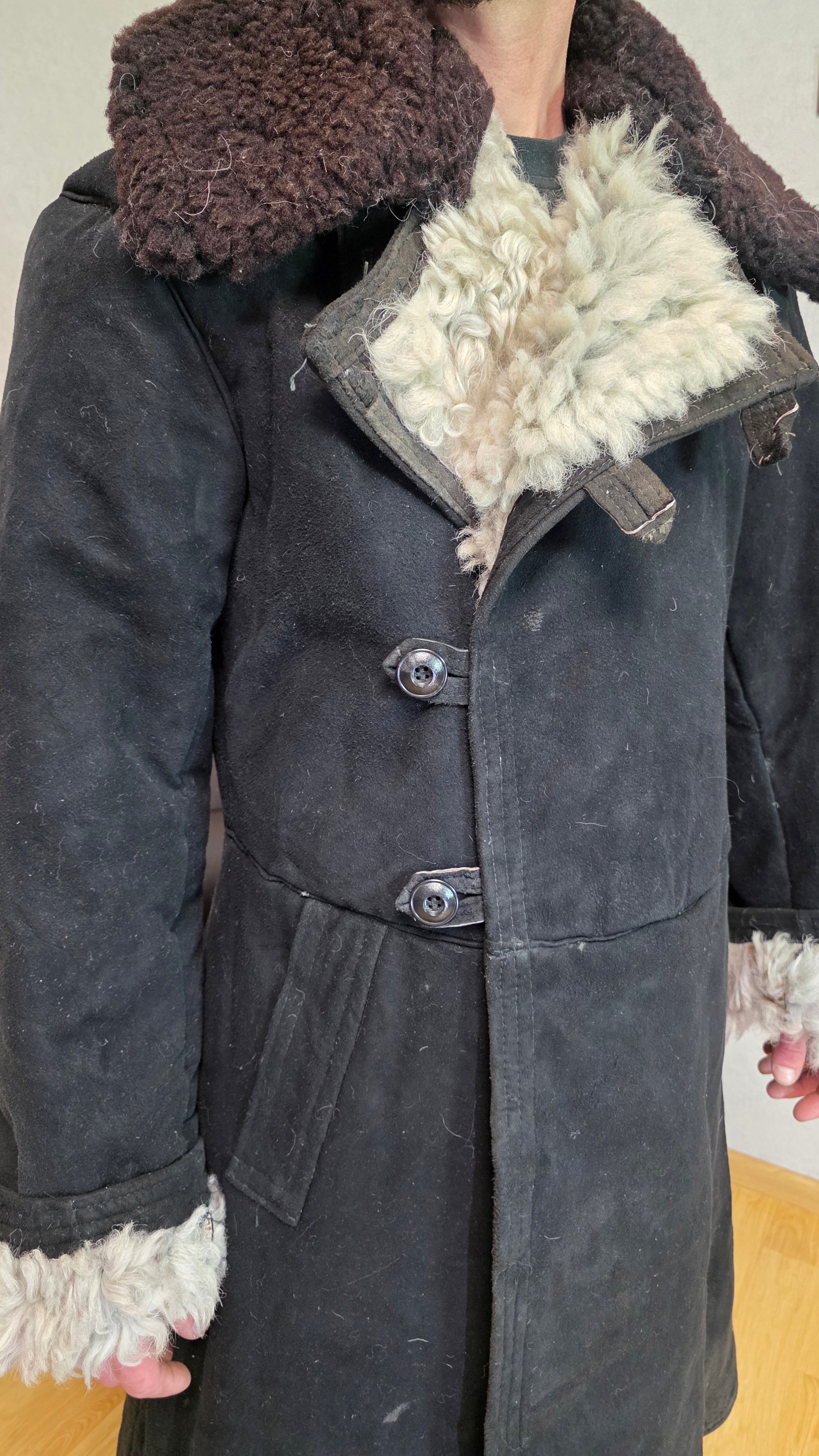 Vintage Soviet Black Bekesha Sheepskin Officer Winter Coat USSR