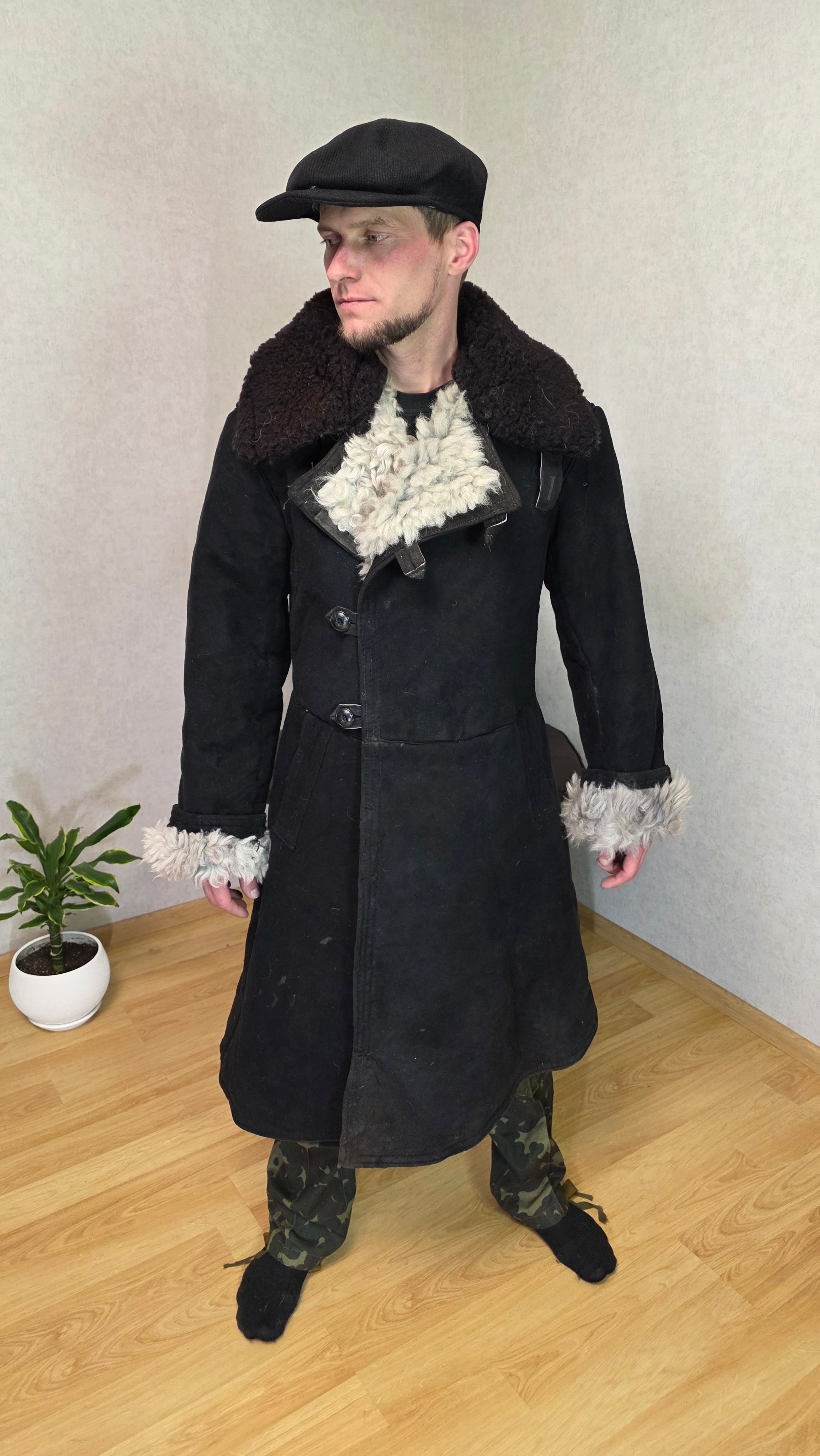 Vintage Soviet Black Bekesha Sheepskin Officer Winter Coat USSR