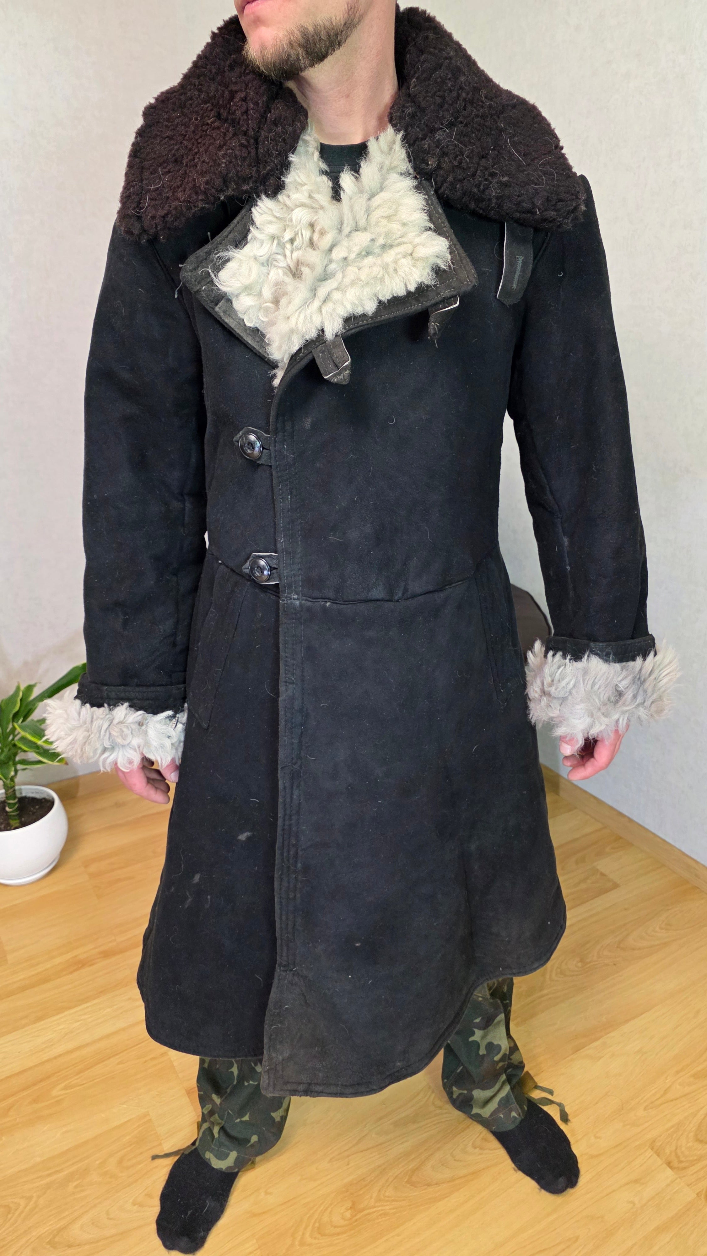 Vintage Soviet Black Bekesha Sheepskin Officer Winter Coat USSR