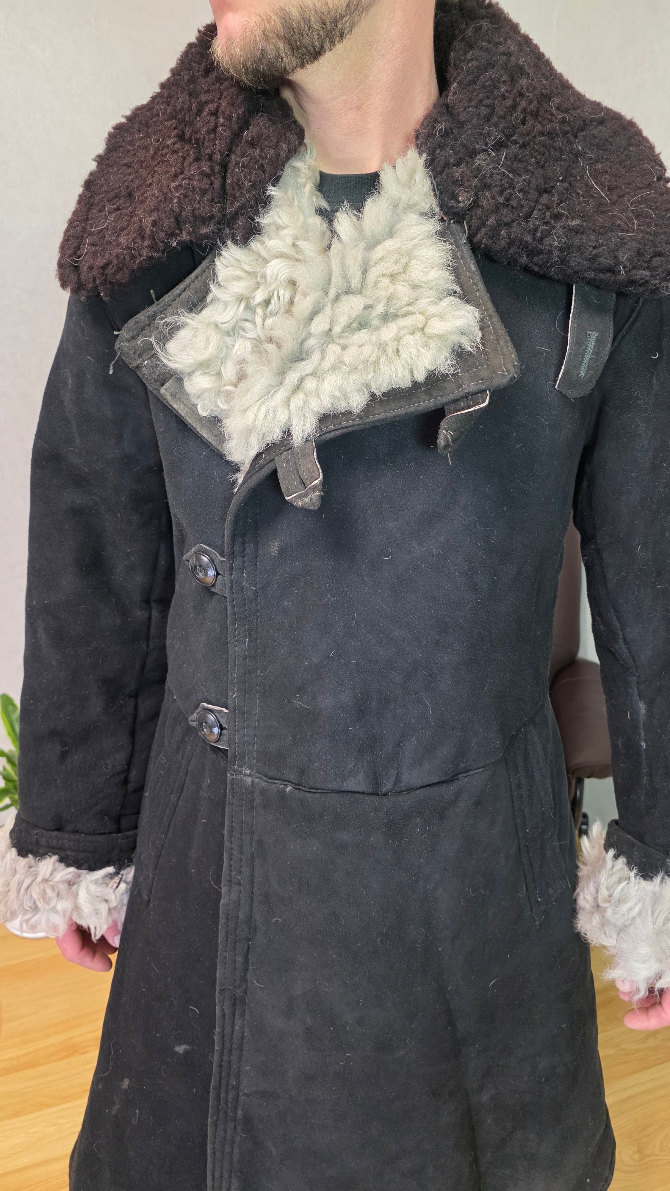 Vintage Soviet Black Bekesha Sheepskin Officer Winter Coat USSR
