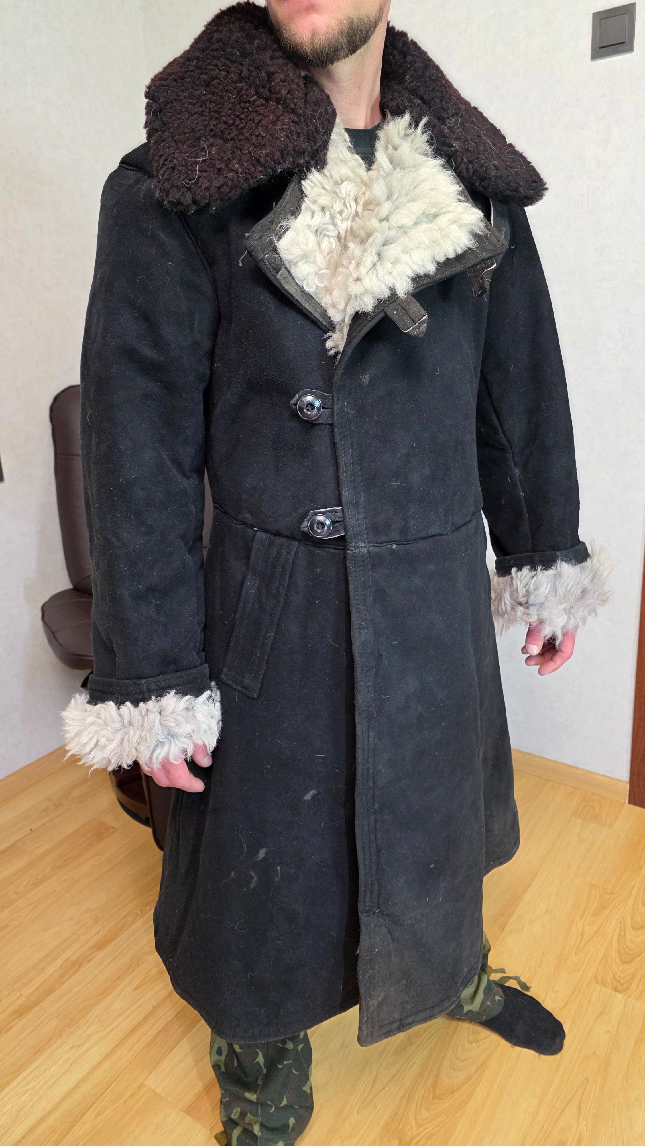 Vintage Soviet Black Bekesha Sheepskin Officer Winter Coat USSR