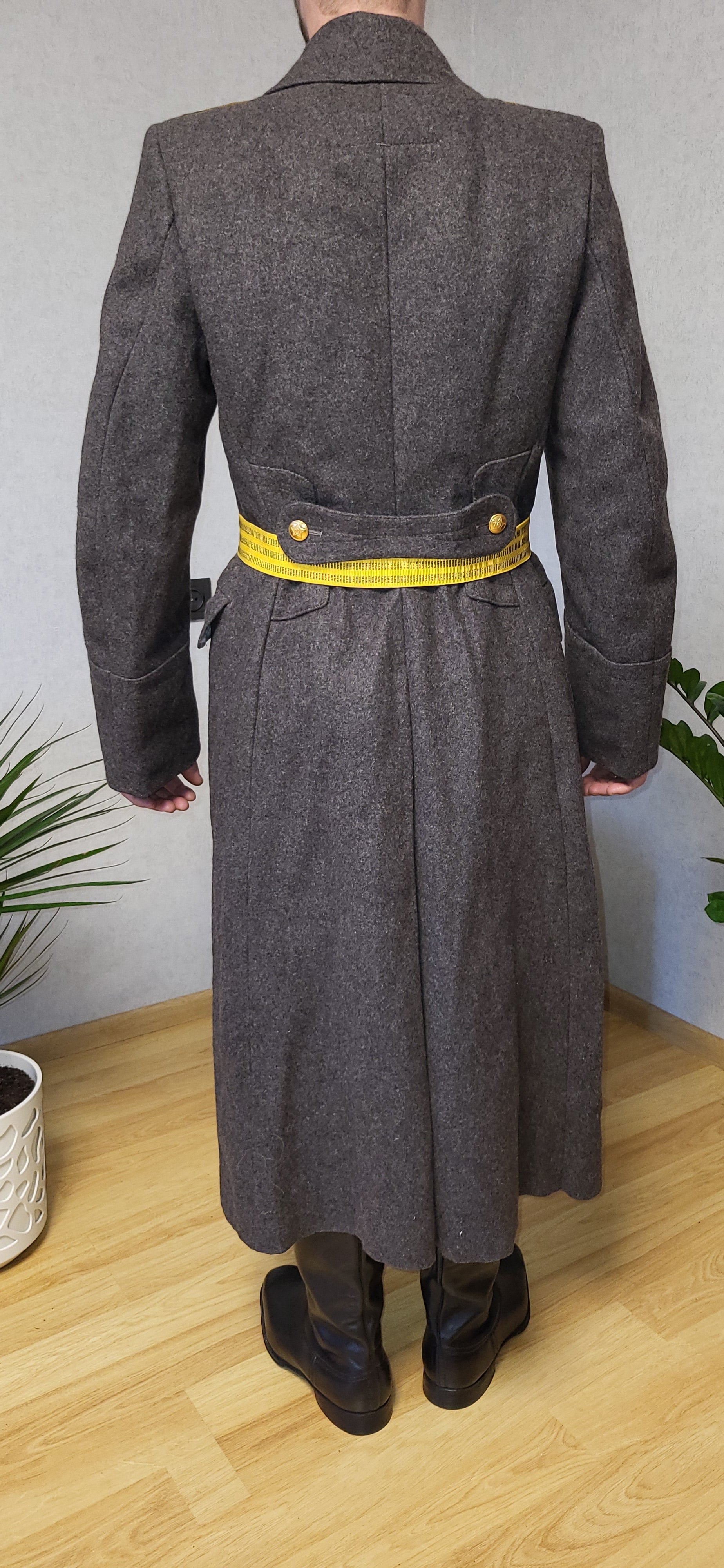 Vintage Soviet Brown Wool Overcoat USSR Long Coat With Yellow Belt