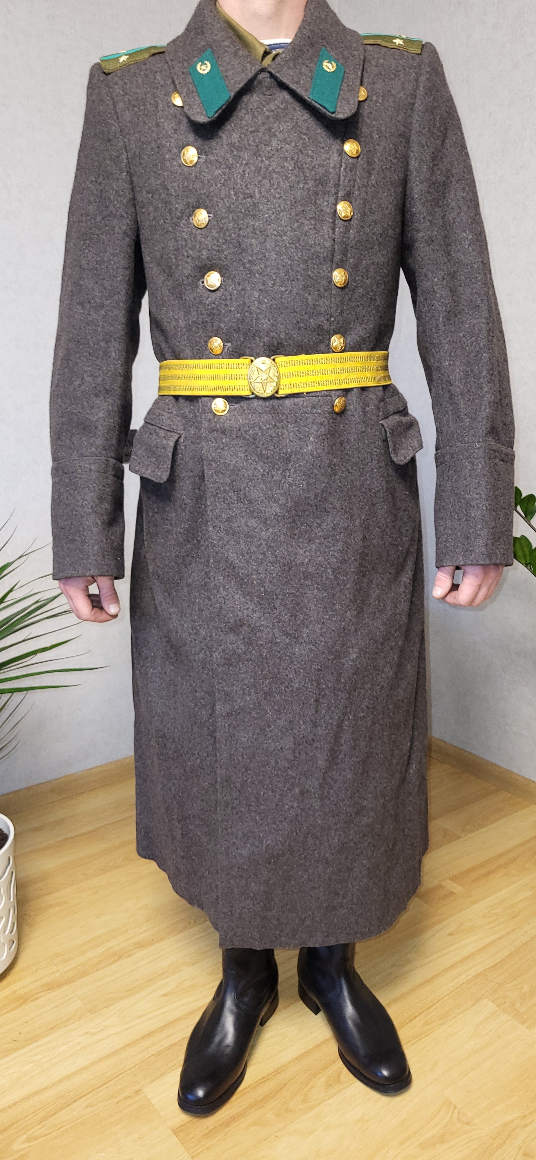 Vintage Soviet Brown Wool Overcoat USSR Long Coat With Yellow Belt