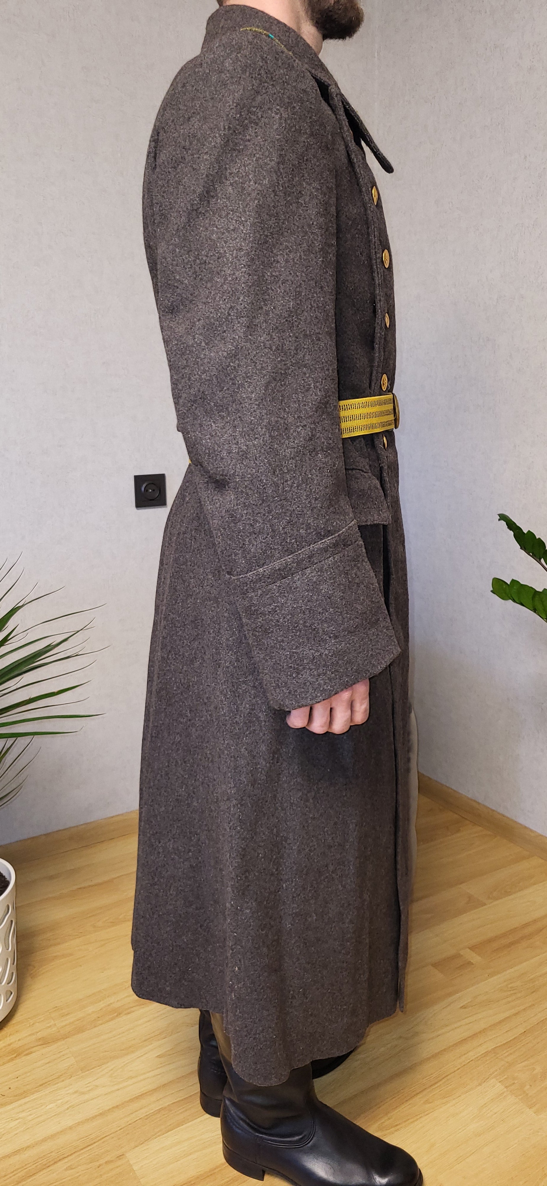 Vintage Soviet Brown Wool Overcoat USSR Long Coat With Yellow Belt