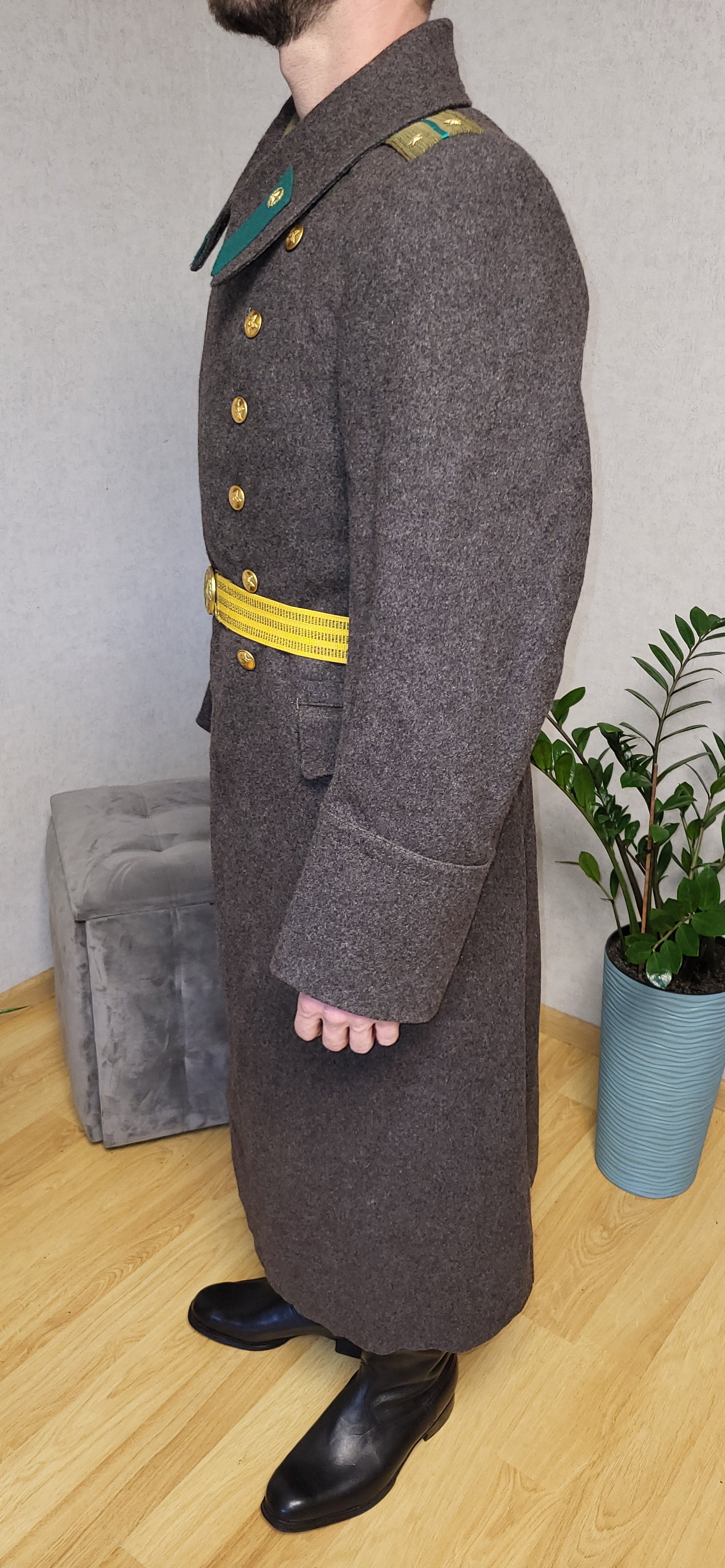 Vintage Soviet Brown Wool Overcoat USSR Long Coat With Yellow Belt