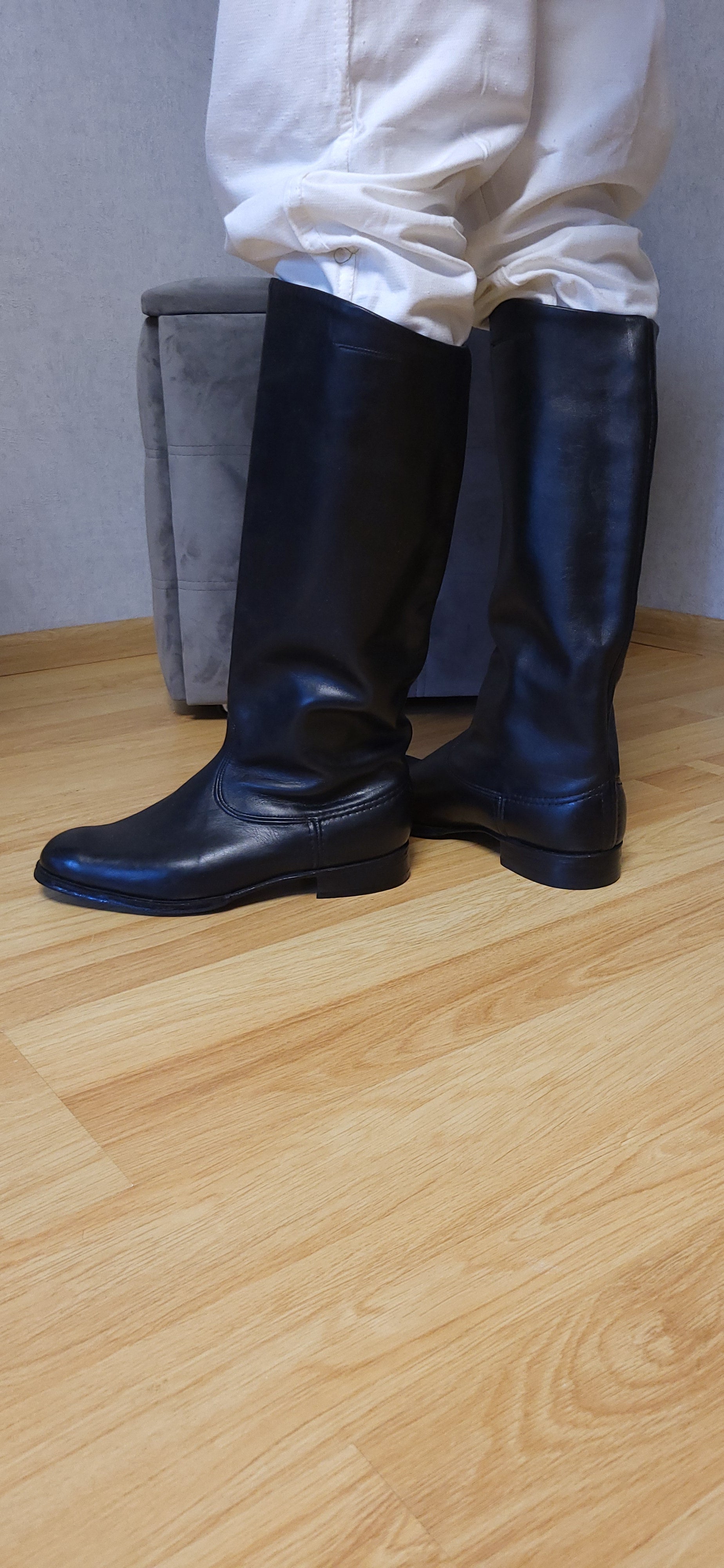 Vintage Soviet Chrome Leather Tall Boots USSR Classic High Black Boots