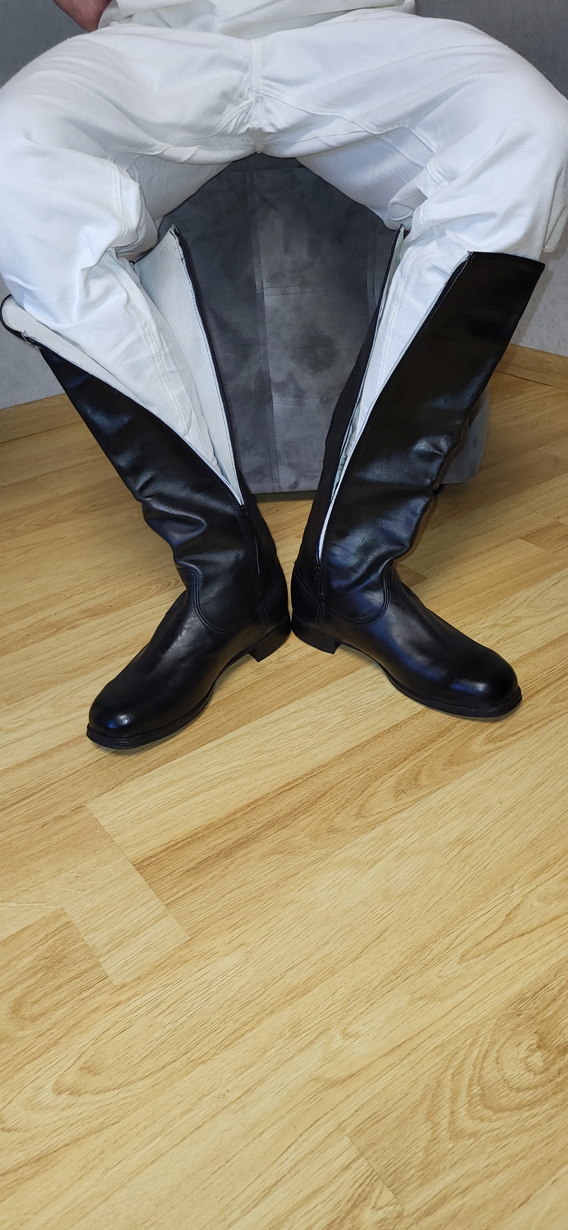 Vintage Soviet Chrome Leather Tall Boots USSR Zip Boots Black Leather