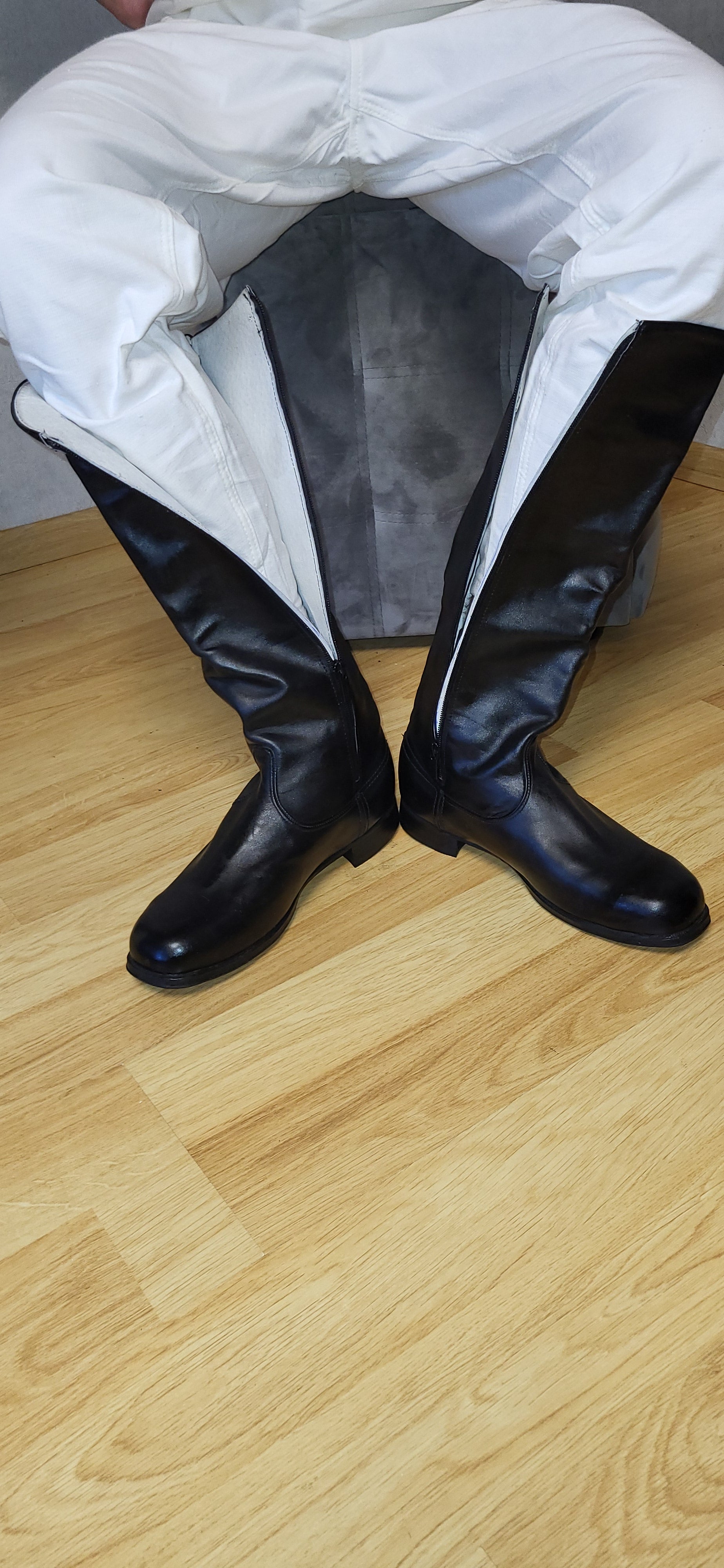 Vintage Soviet Chrome Leather Tall Boots USSR Zip Boots Black Leather