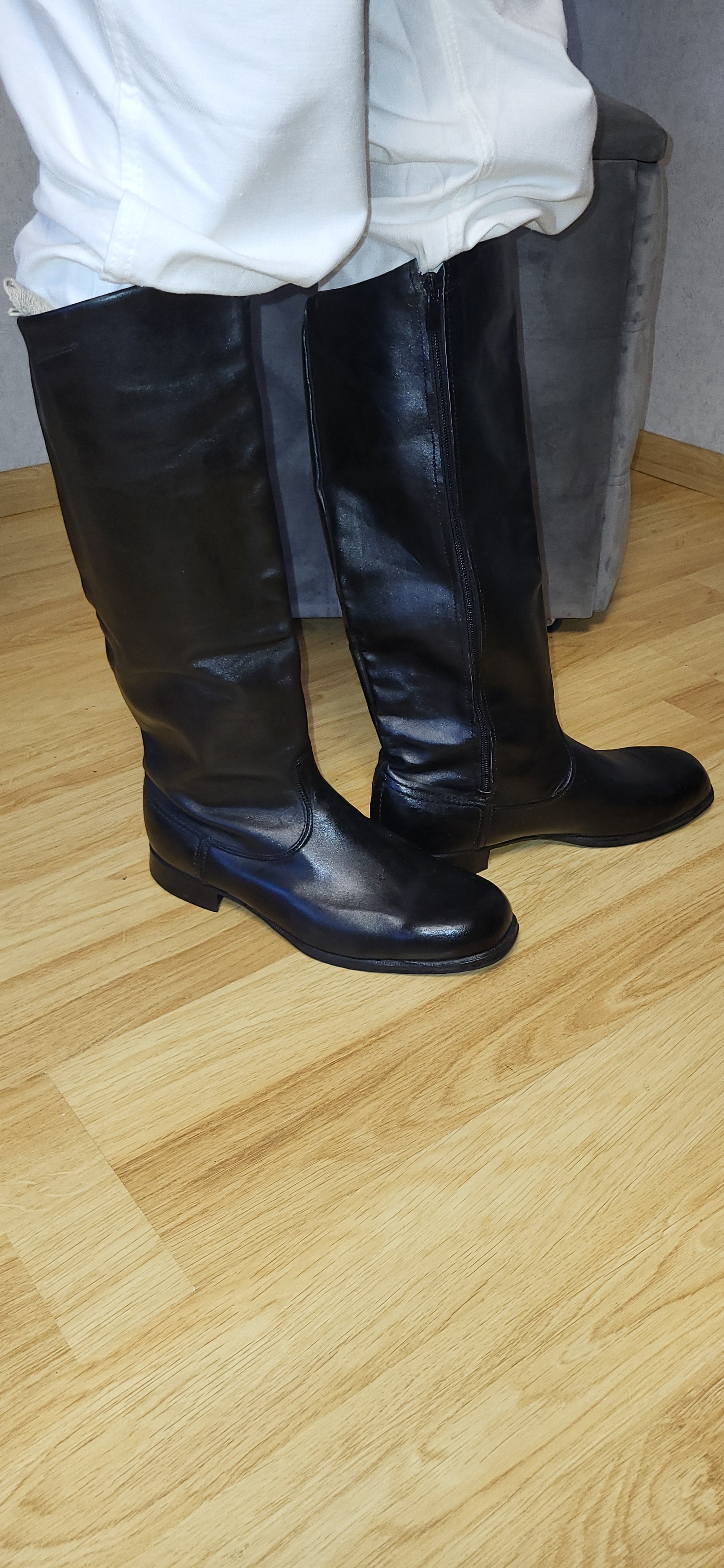 Vintage Soviet Chrome Leather Tall Boots USSR Zip Boots Black Leather