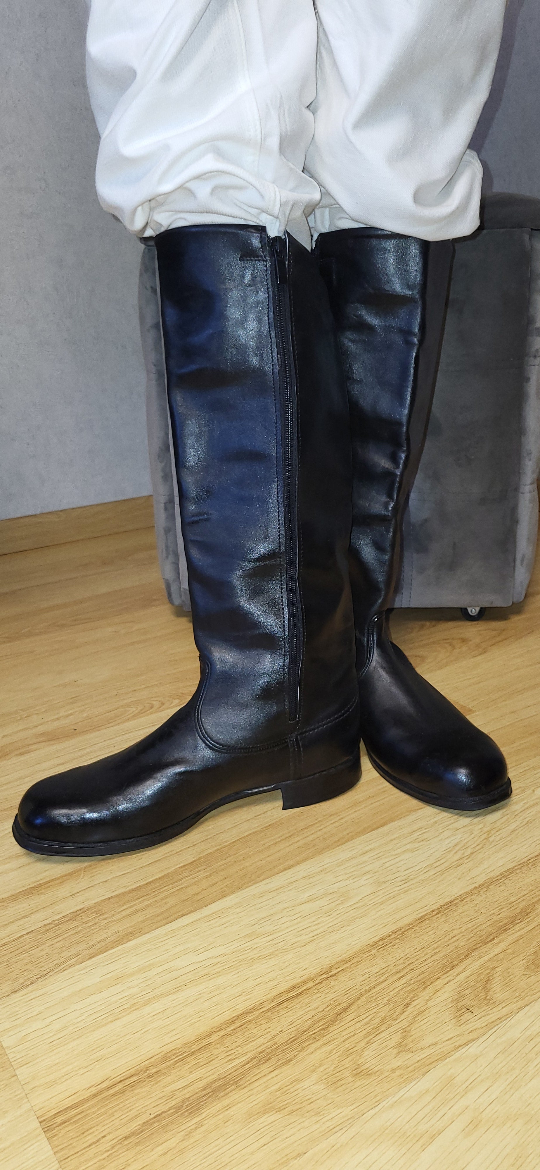 Vintage Soviet Chrome Leather Tall Boots USSR Zip Boots Black Leather