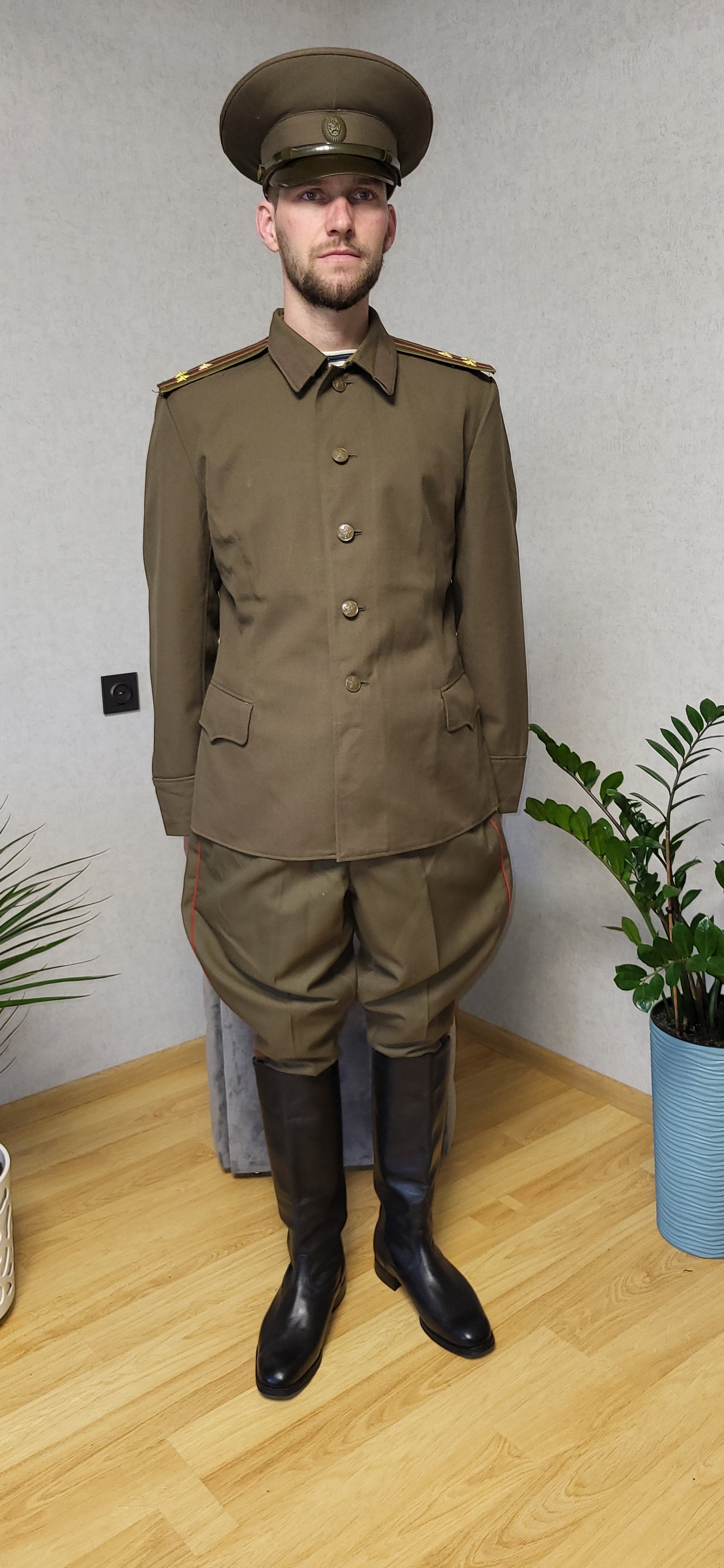 Vintage Soviet Field Uniform Khaki Wool Blend Set USSR Tunic Breeches Cap