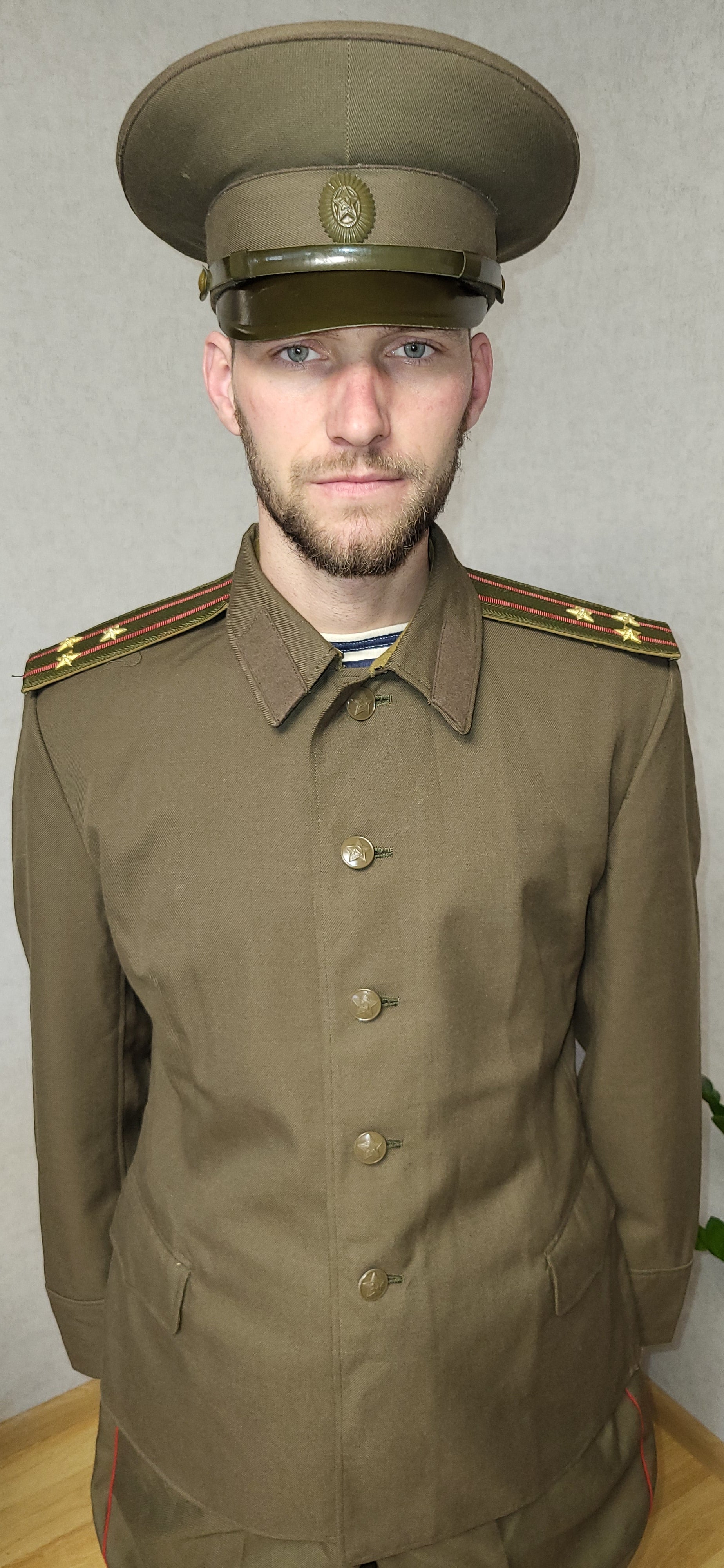 Vintage Soviet Field Uniform Khaki Wool Blend Set USSR Tunic Breeches Cap