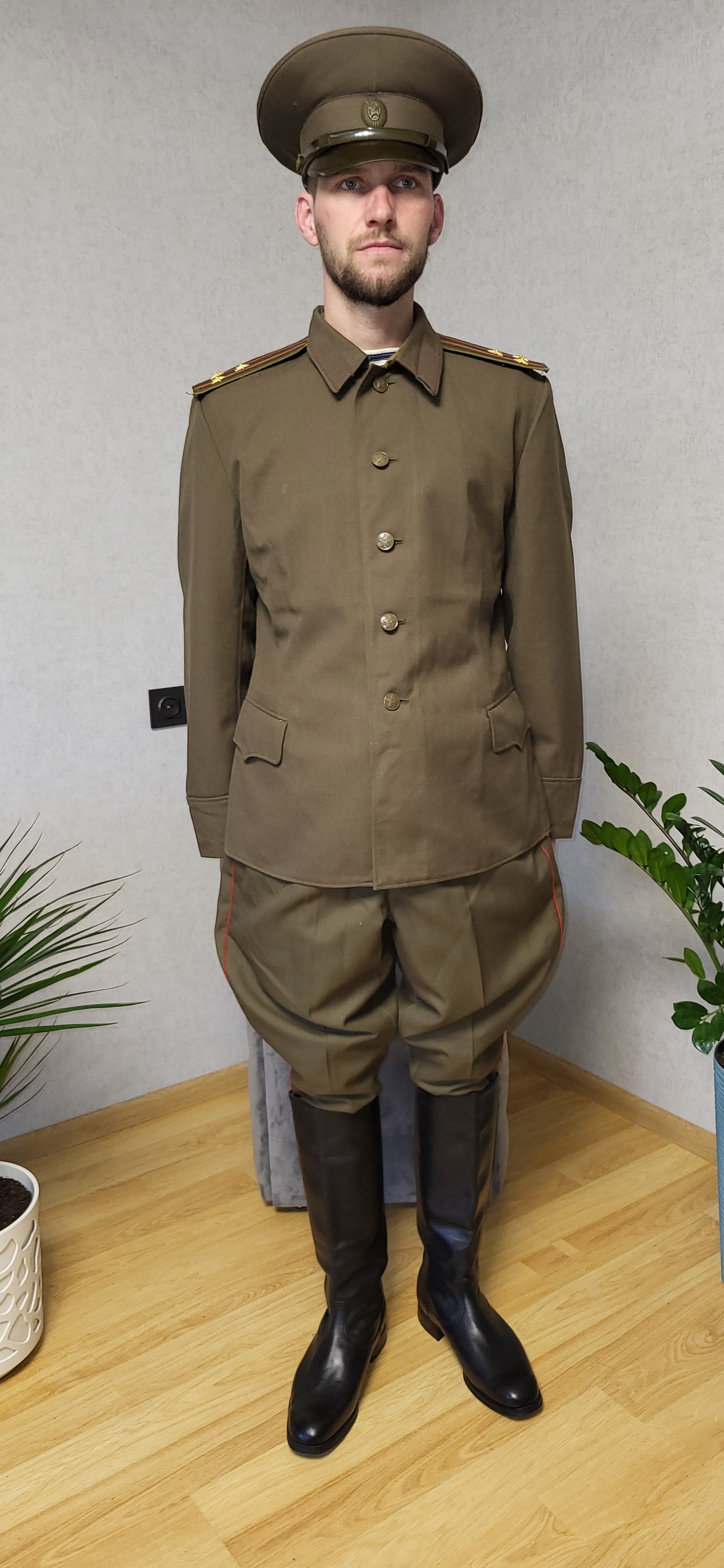 Vintage Soviet Field Uniform Khaki Wool Blend Set USSR Tunic Breeches Cap