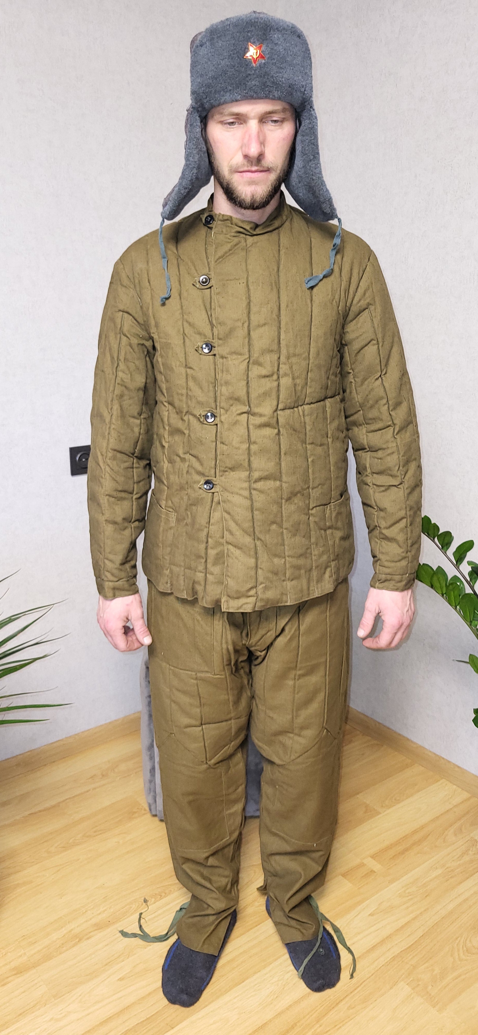 Vintage Soviet M43 Telogreika Winter Set USSR Quilted Jacket Pants Ushanka Hat