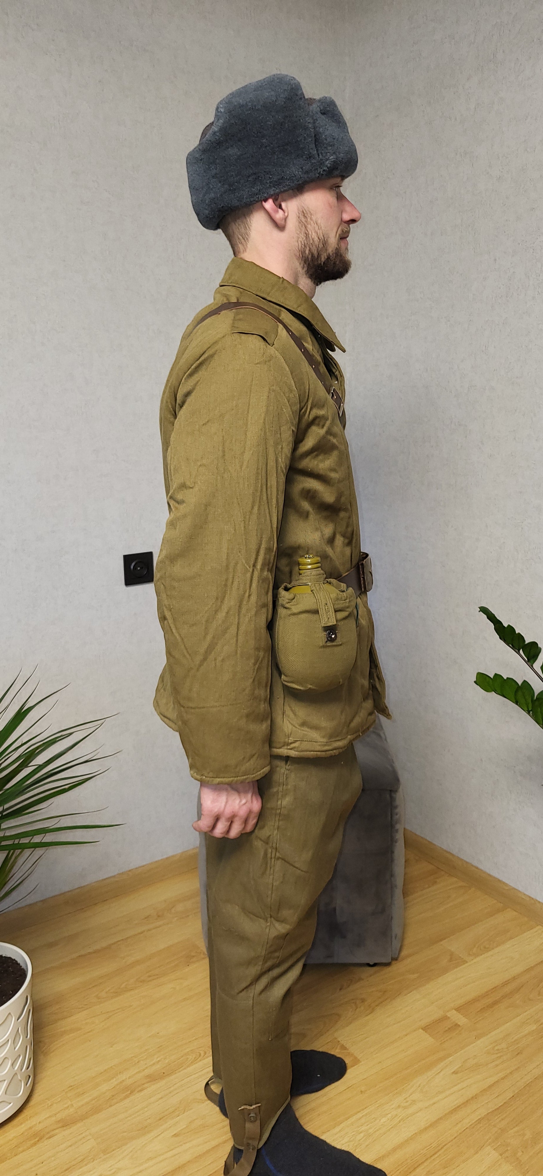 Vintage Soviet RKKA Soldier Bushlat Jacket Set USSR With Ushanka Belt Flask