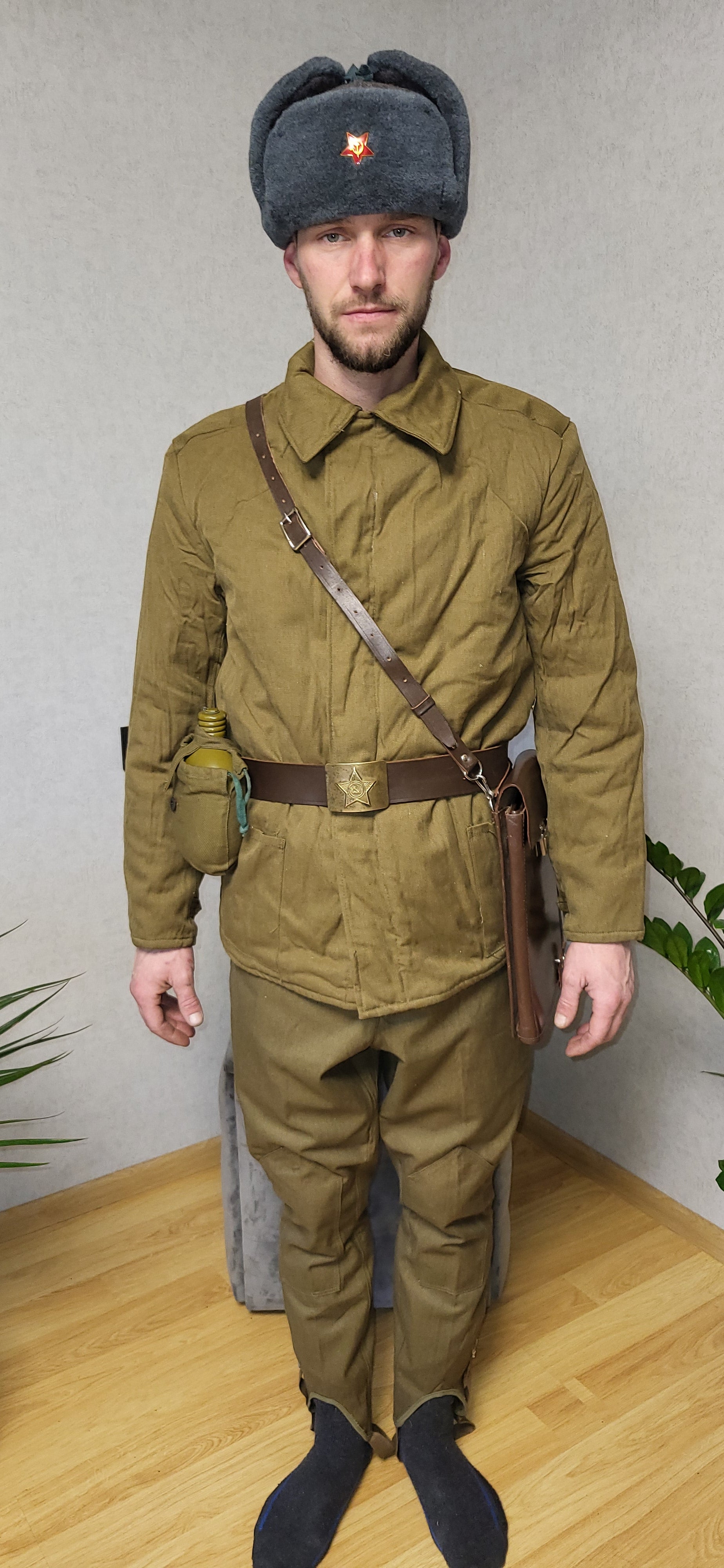 Vintage Soviet RKKA Soldier Bushlat Jacket Set USSR With Ushanka Belt Flask
