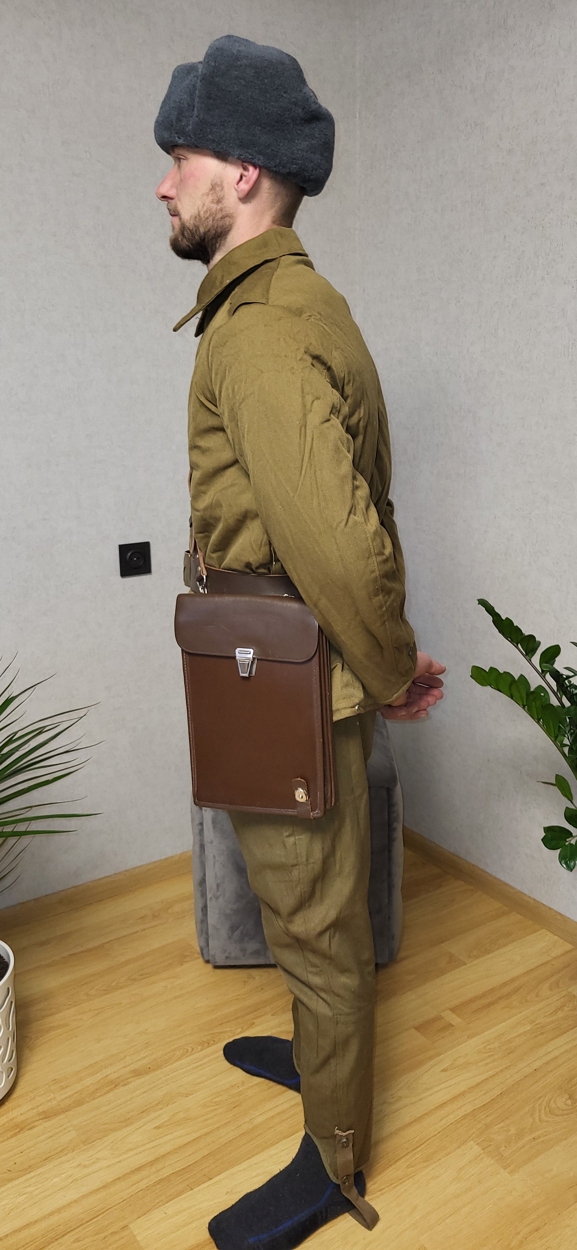 Vintage Soviet RKKA Soldier Bushlat Jacket Set USSR With Ushanka Belt Flask