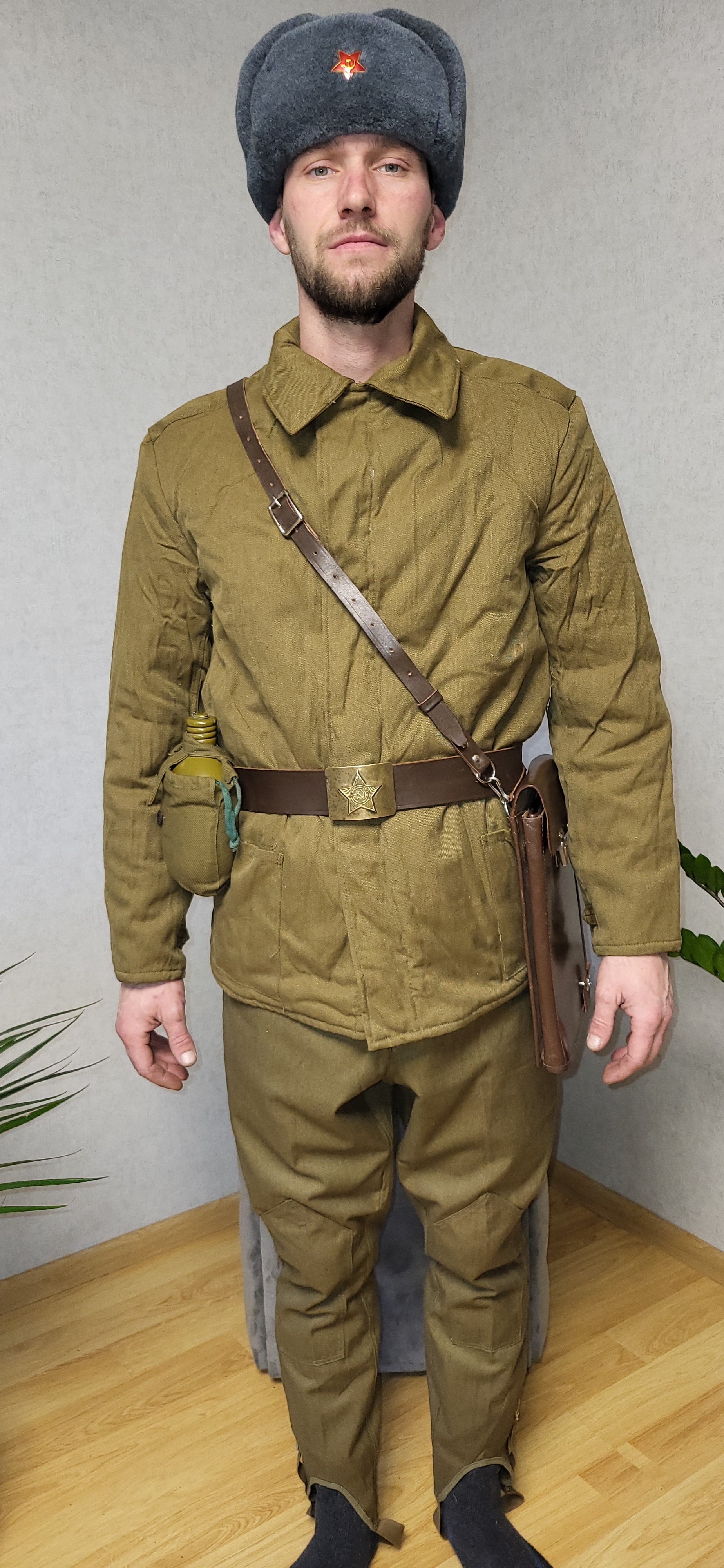 Vintage Soviet RKKA Soldier Bushlat Jacket Set USSR With Ushanka Belt Flask