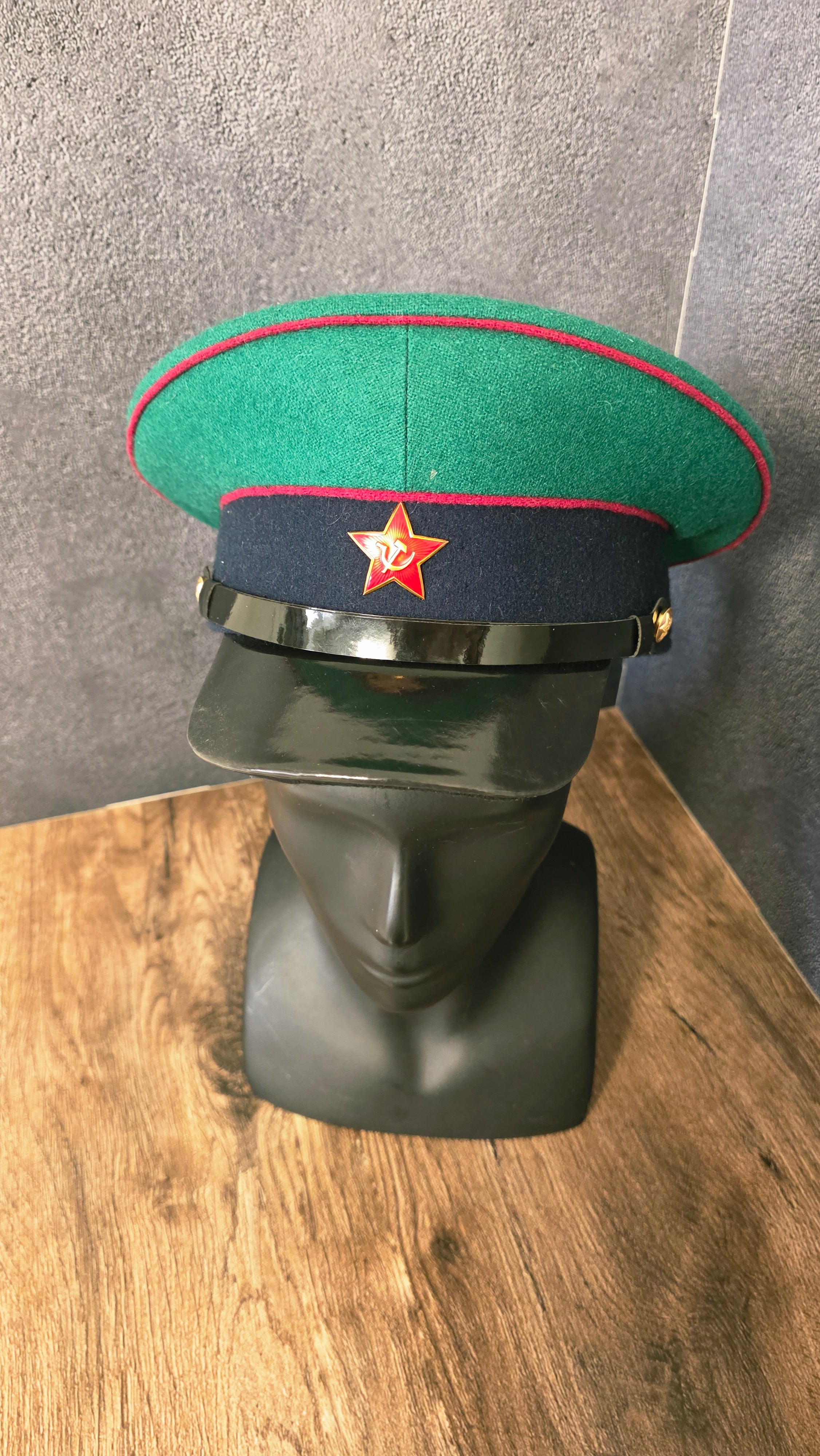 Vintage Soviet USSR Border Guard Visor Cap Green Crown Black Band Hat