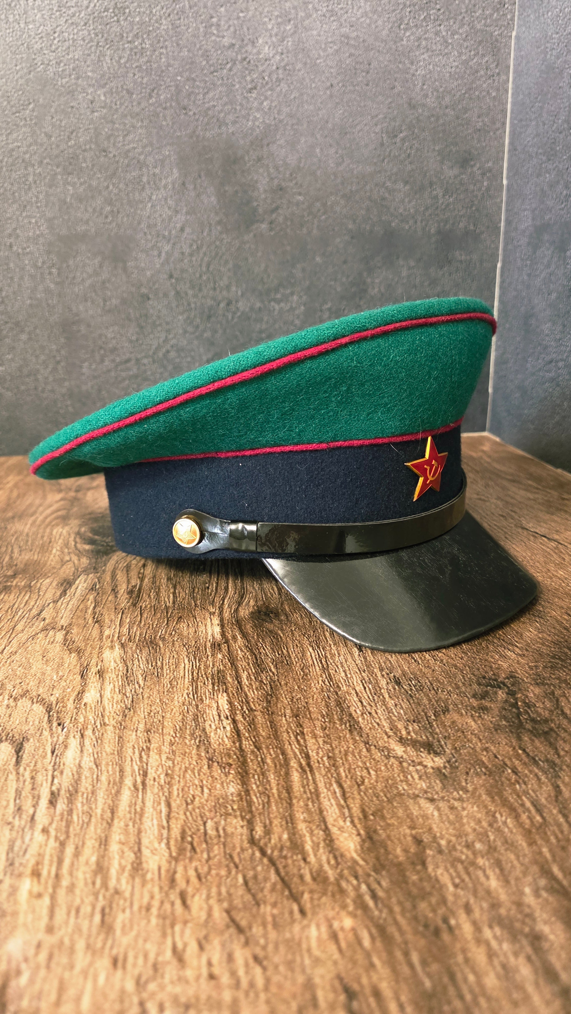 Vintage Soviet USSR Border Guard Visor Cap Green Crown Black Band Hat