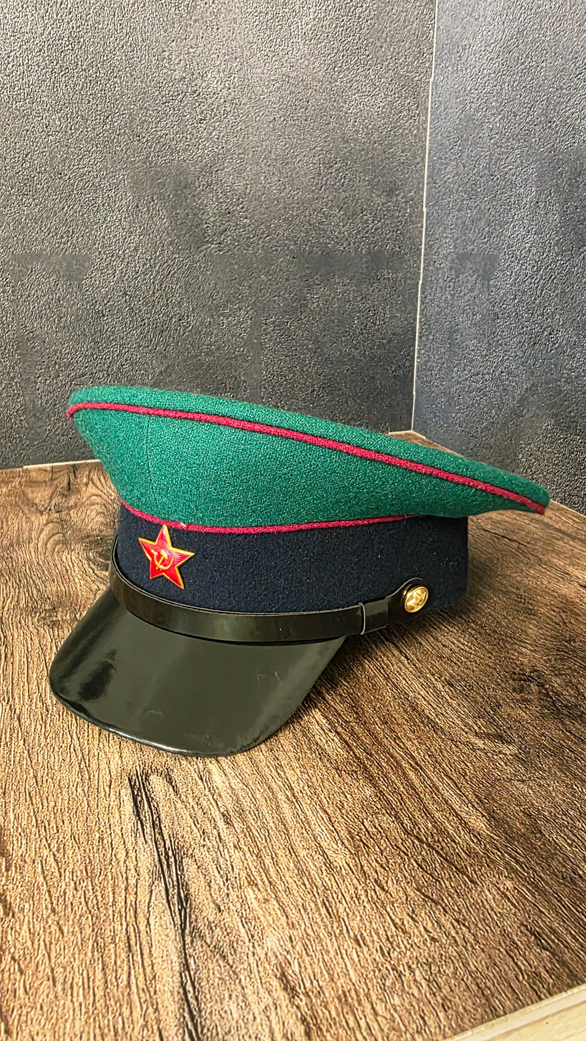 Vintage Soviet USSR Border Guard Visor Cap Green Crown Black Band Hat